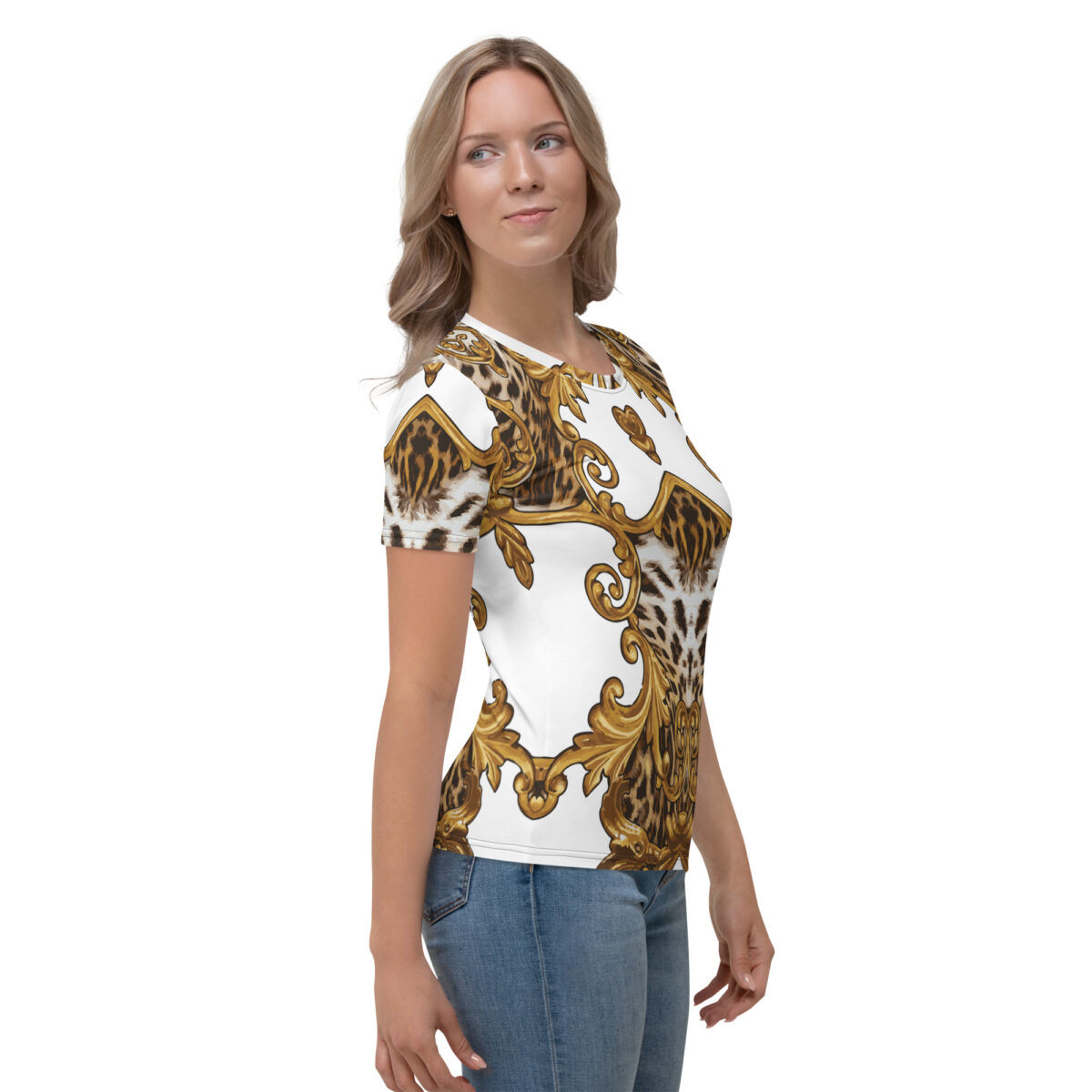 Women’s Designer T-Shirt | Best Short Sleeve Cute Graphic Tees For Women | White Gold Leopard Print Pattern - Image 4