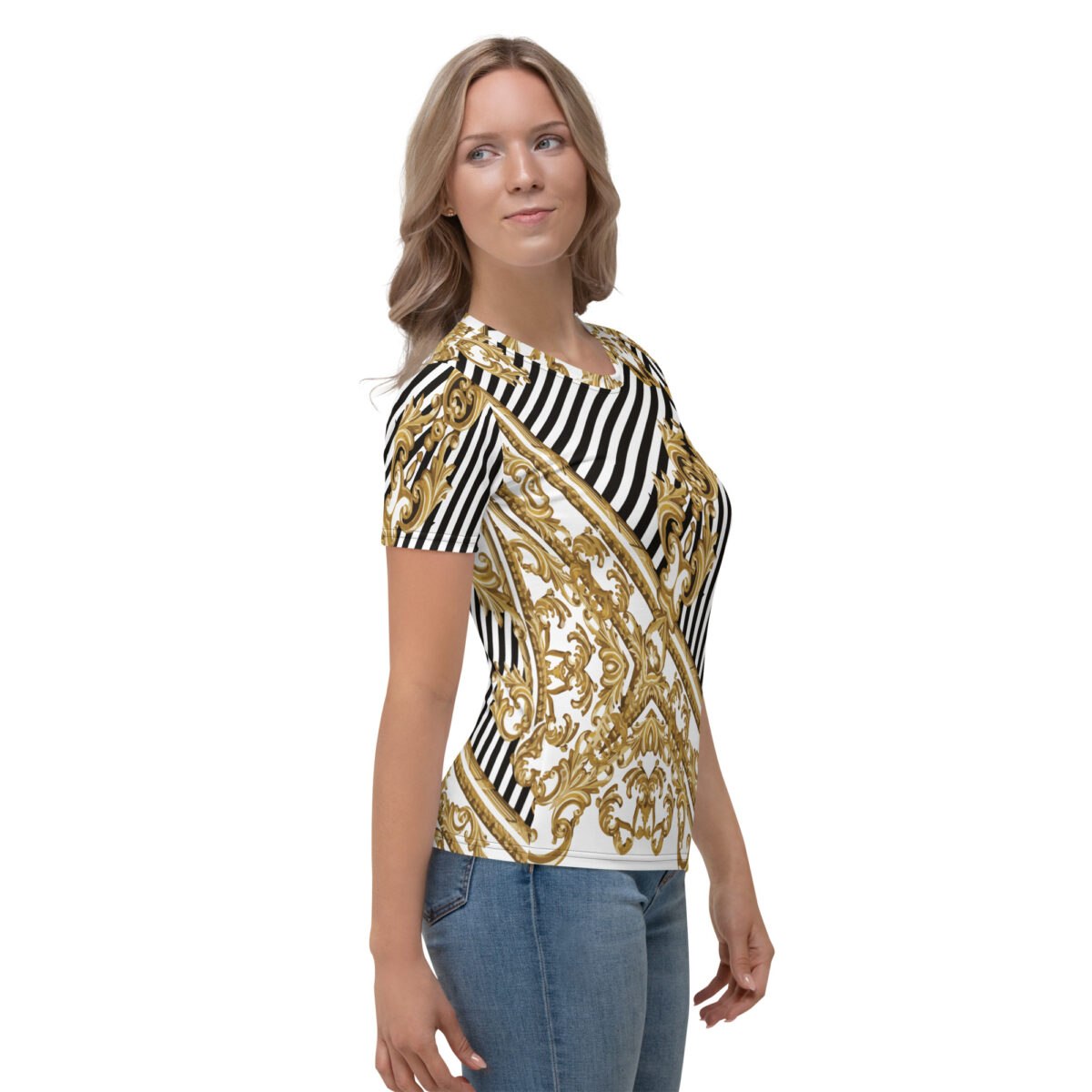 Women’s Designer T-Shirt | Best Short Sleeve Cute Graphic Tees For Women | White Black Striped Gold Printed - Image 4