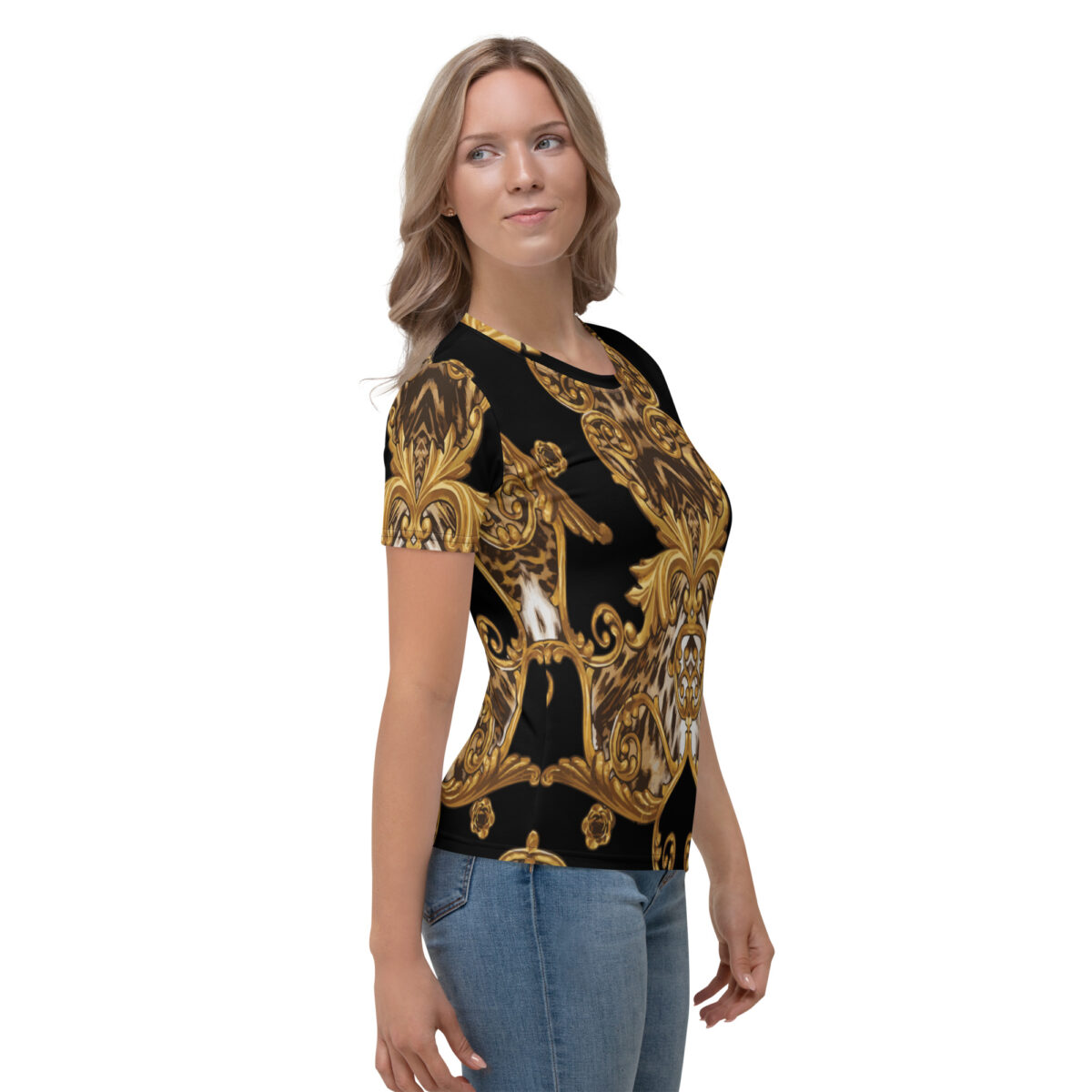 Women’s Designer T-Shirt | Best Short Sleeve Cute Graphic Tees For Women | Black Gold Leopard Print - Image 4