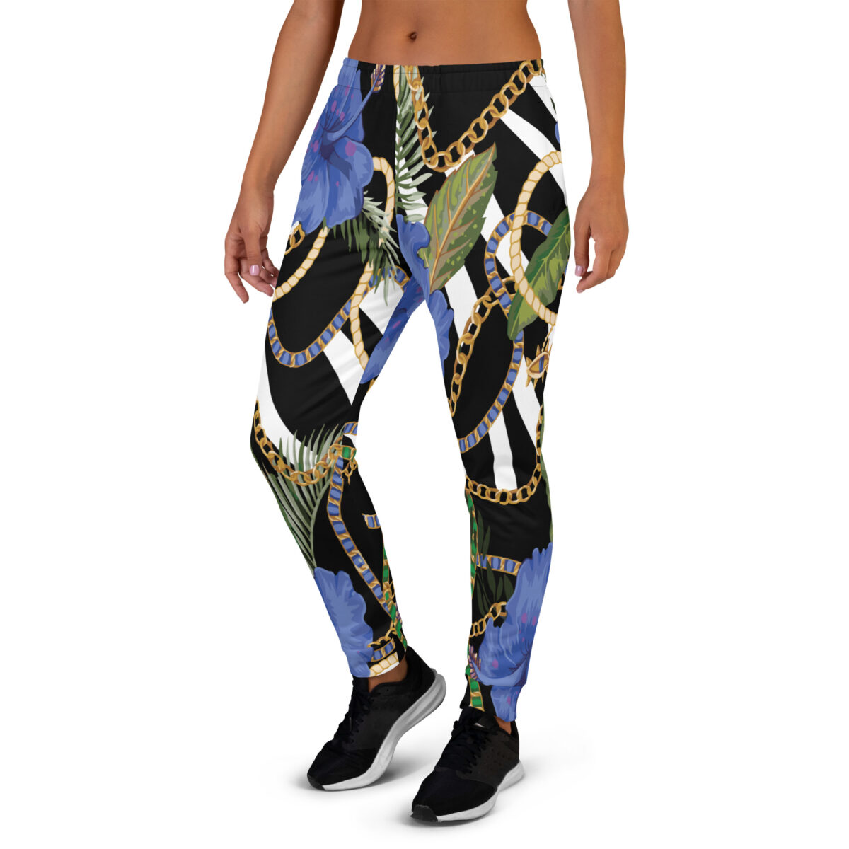 Women’s Joggers | Best Sweatpants For Women | Black White Striped Floral - Image 4