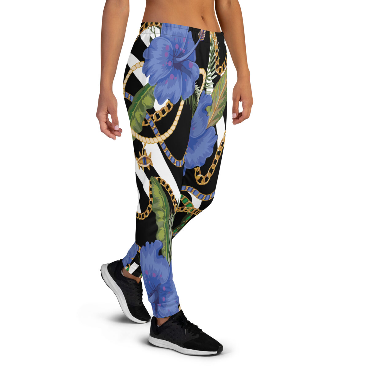 Women’s Joggers | Best Sweatpants For Women | Black White Striped Floral - Image 2