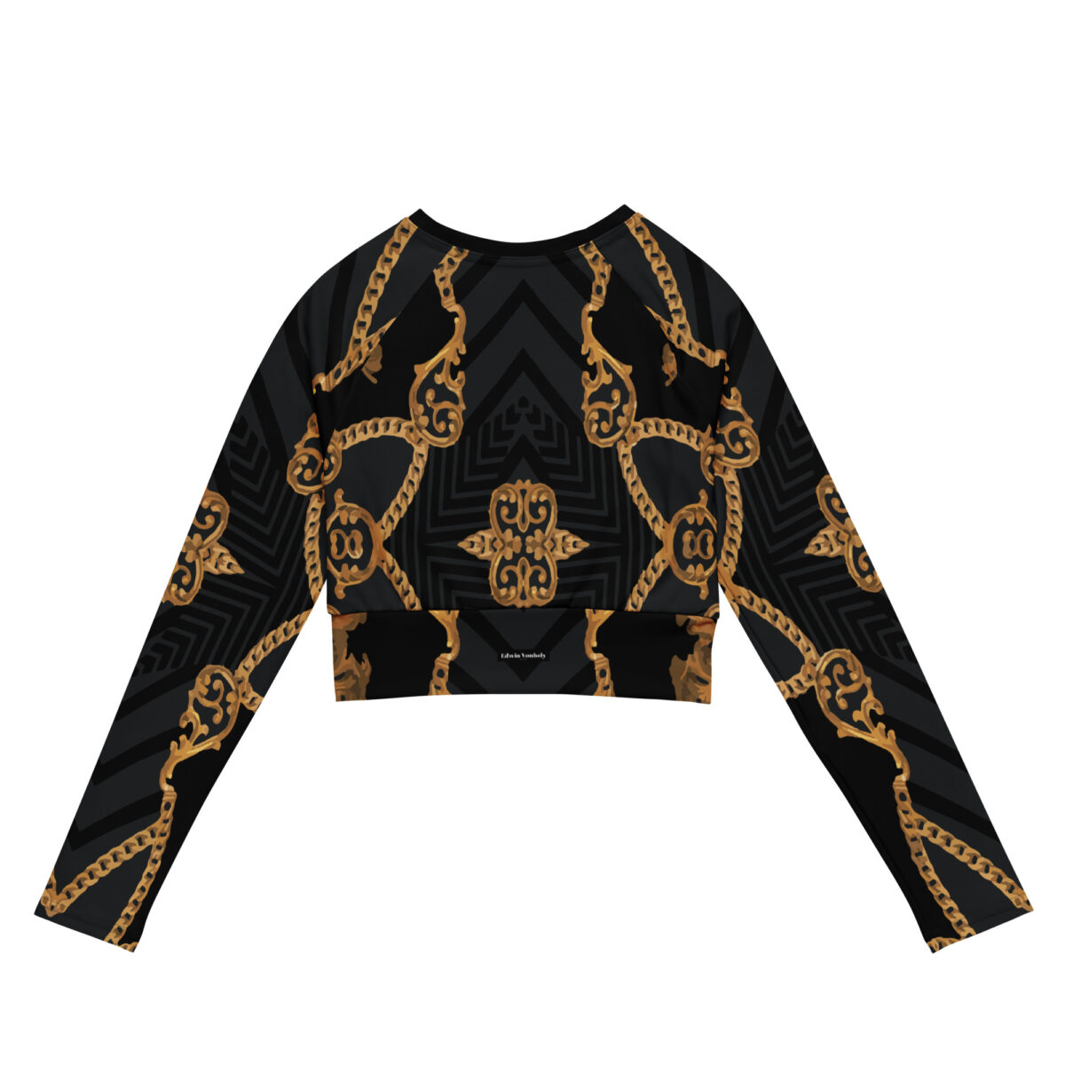Long-Sleeve Crop Top For Women | Designer Workout Swimming Athletic Yoga Shirt | Black Baroque Gold - Image 6