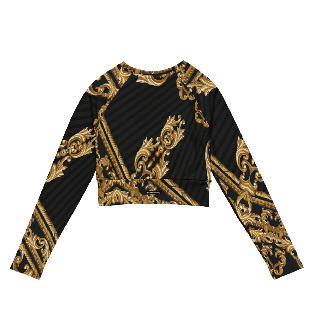 Long-Sleeve Crop Top For Women | Designer Workout Swimming Athletic Yoga Shirt | Black Baroque Gold - Image 6