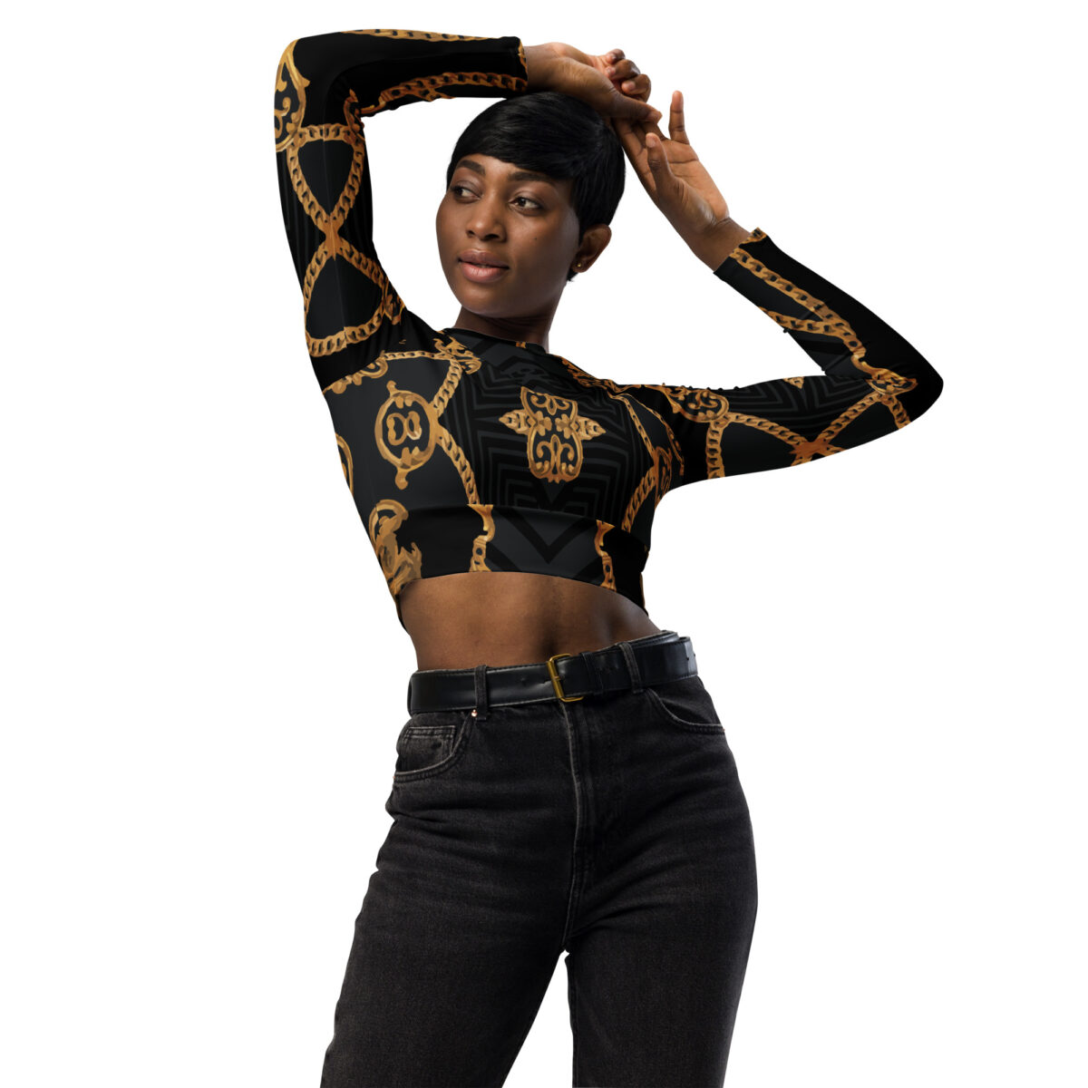Long-Sleeve Crop Top For Women | Designer Workout Swimming Athletic Yoga Shirt | Black Baroque Gold - Image 7