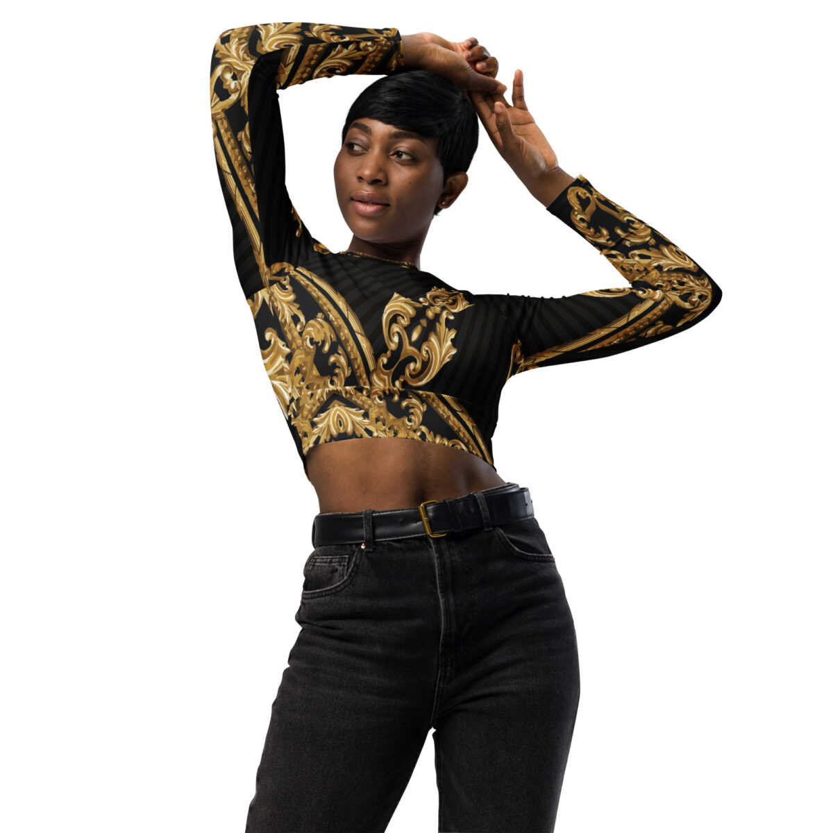 Long-Sleeve Crop Top For Women | Designer Workout Swimming Athletic Yoga Shirt | Black Baroque Gold - Image 7