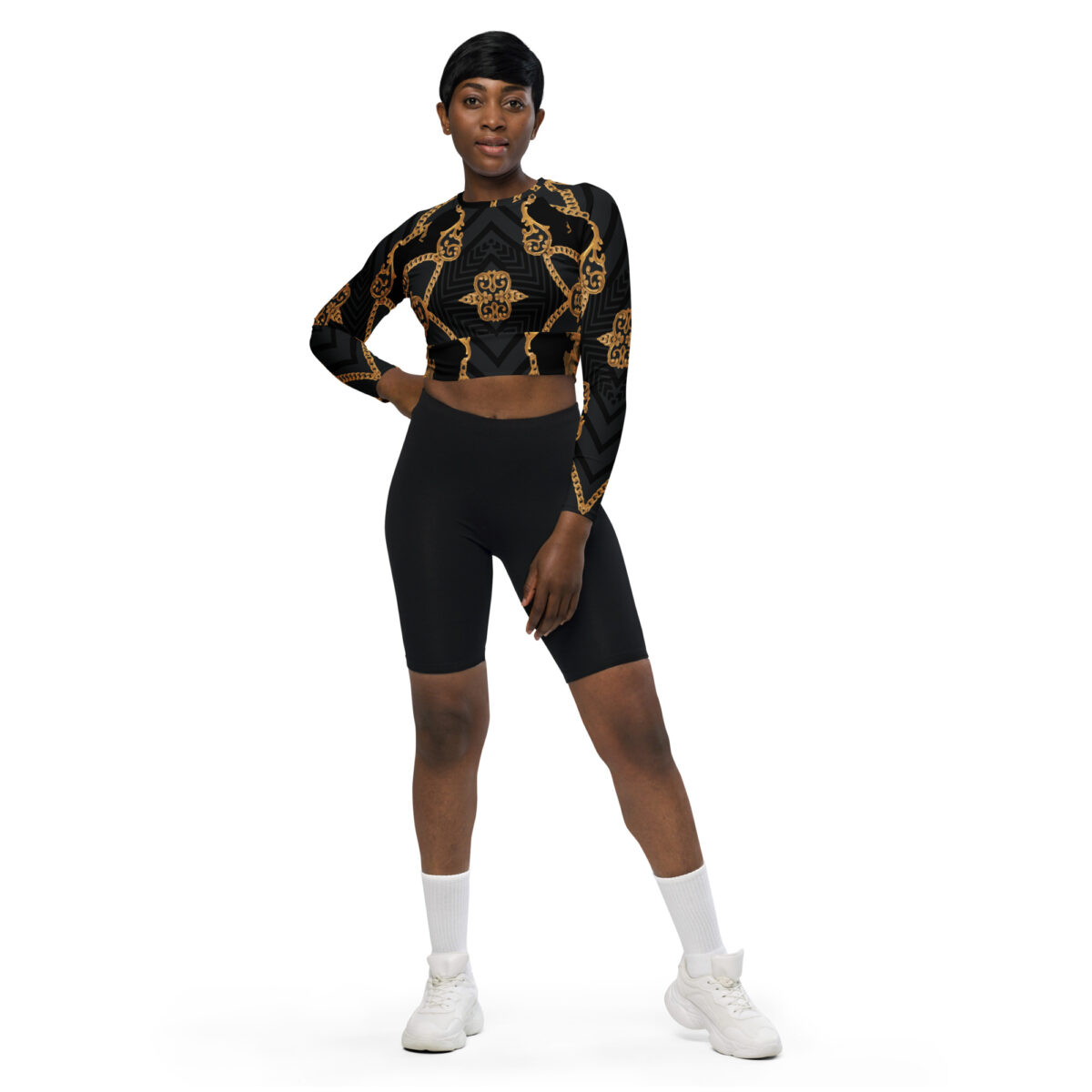 Long-Sleeve Crop Top For Women | Designer Workout Swimming Athletic Yoga Shirt | Black Baroque Gold