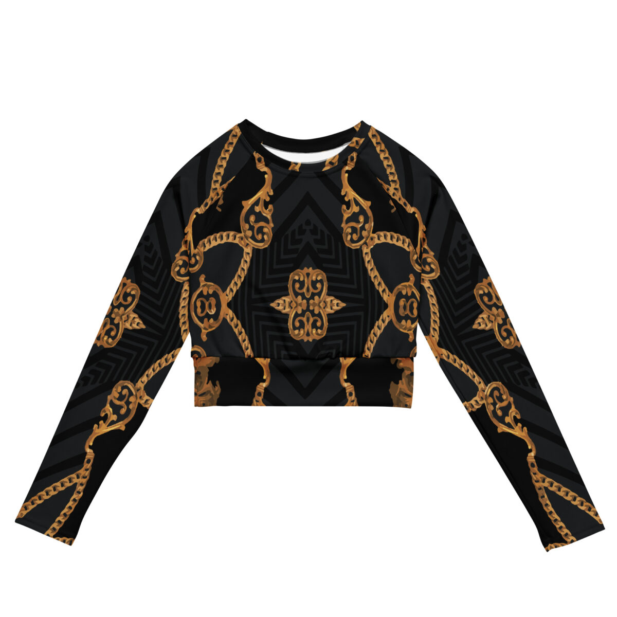 Long-Sleeve Crop Top For Women | Designer Workout Swimming Athletic Yoga Shirt | Black Baroque Gold - Image 5