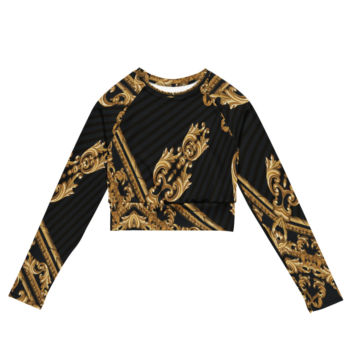 Long-Sleeve Crop Top For Women | Designer Workout Swimming Athletic Yoga Shirt | Black Baroque Gold - Image 5