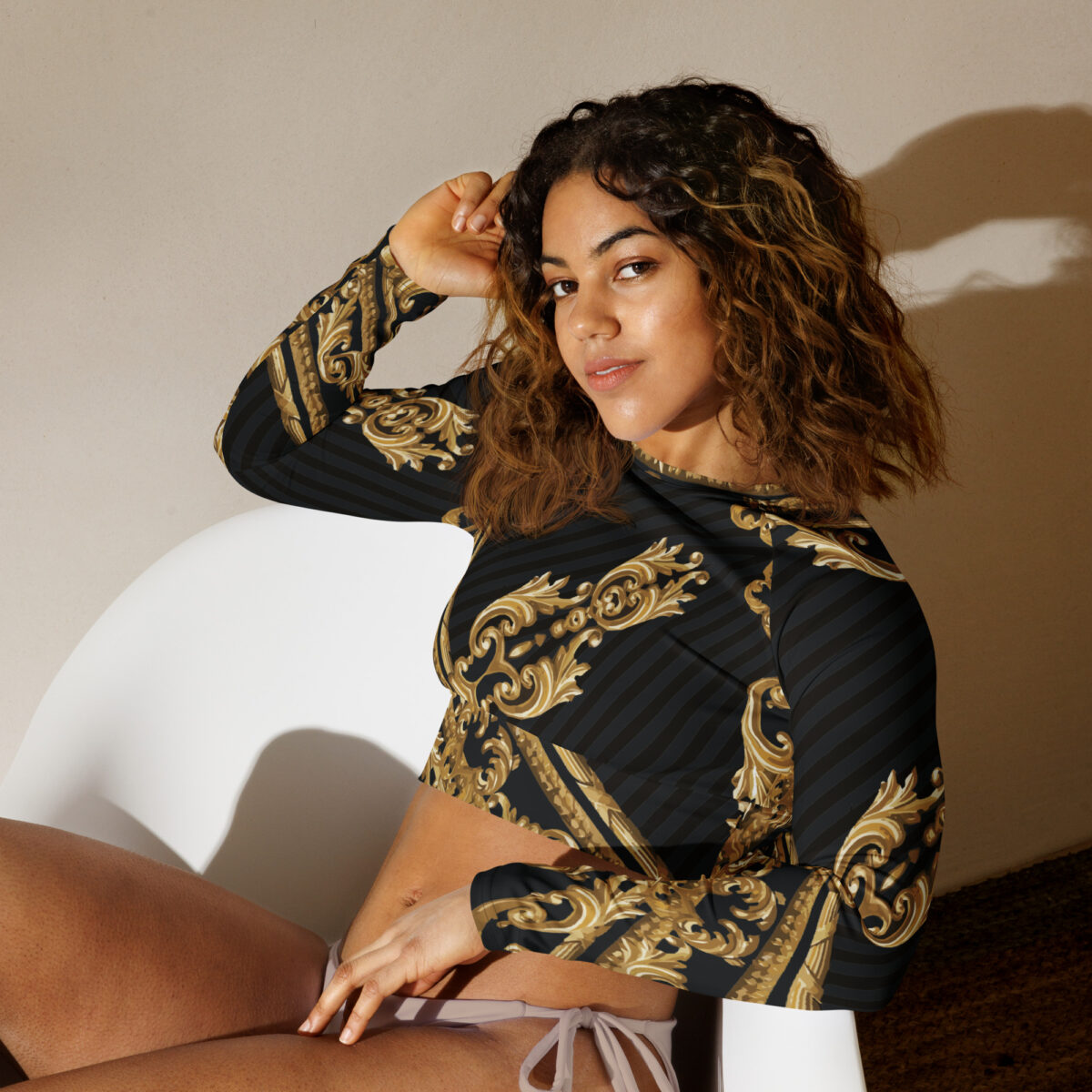 Long-Sleeve Crop Top For Women | Designer Workout Swimming Athletic Yoga Shirt | Black Baroque Gold - Image 4