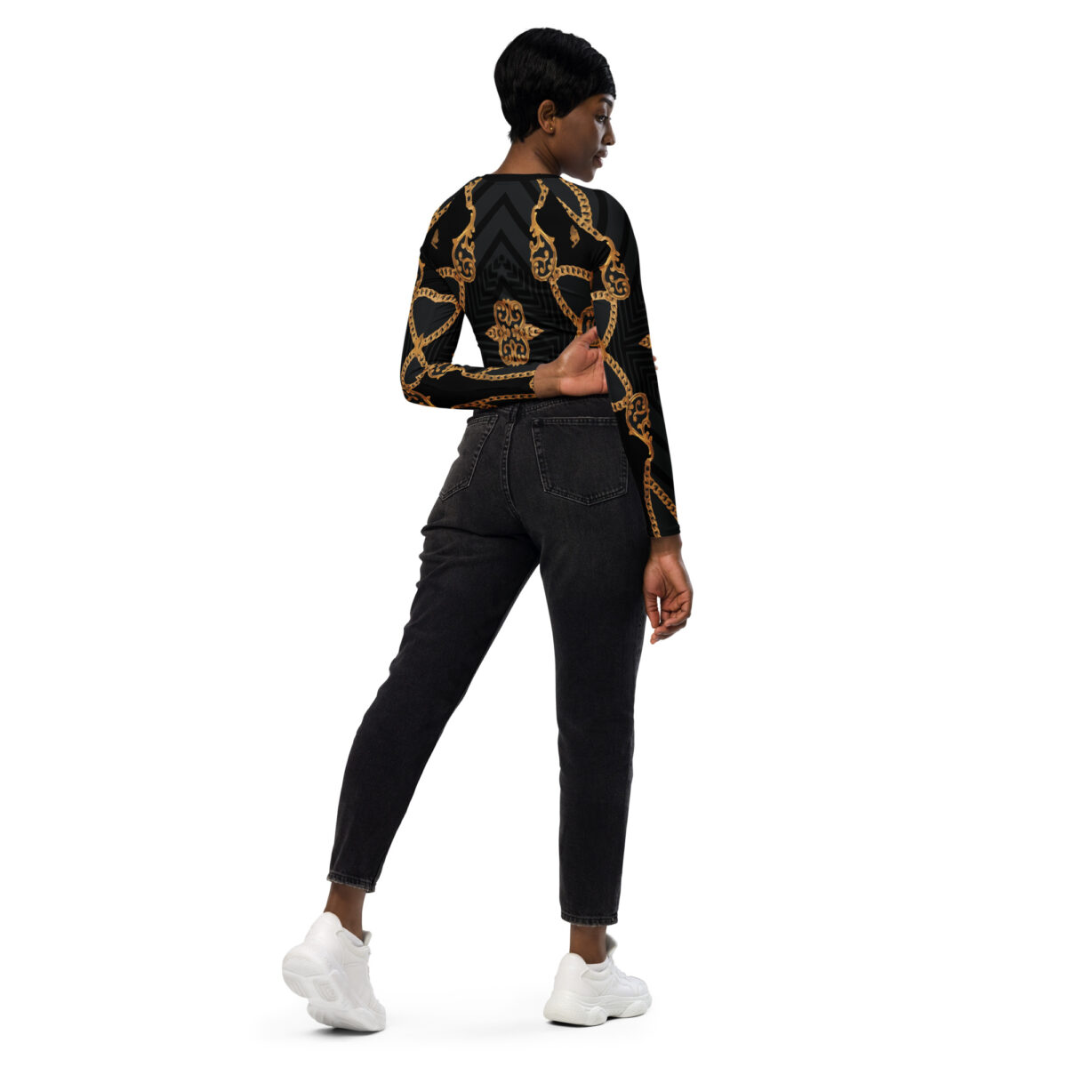 Long-Sleeve Crop Top For Women | Designer Workout Swimming Athletic Yoga Shirt | Black Baroque Gold - Image 9