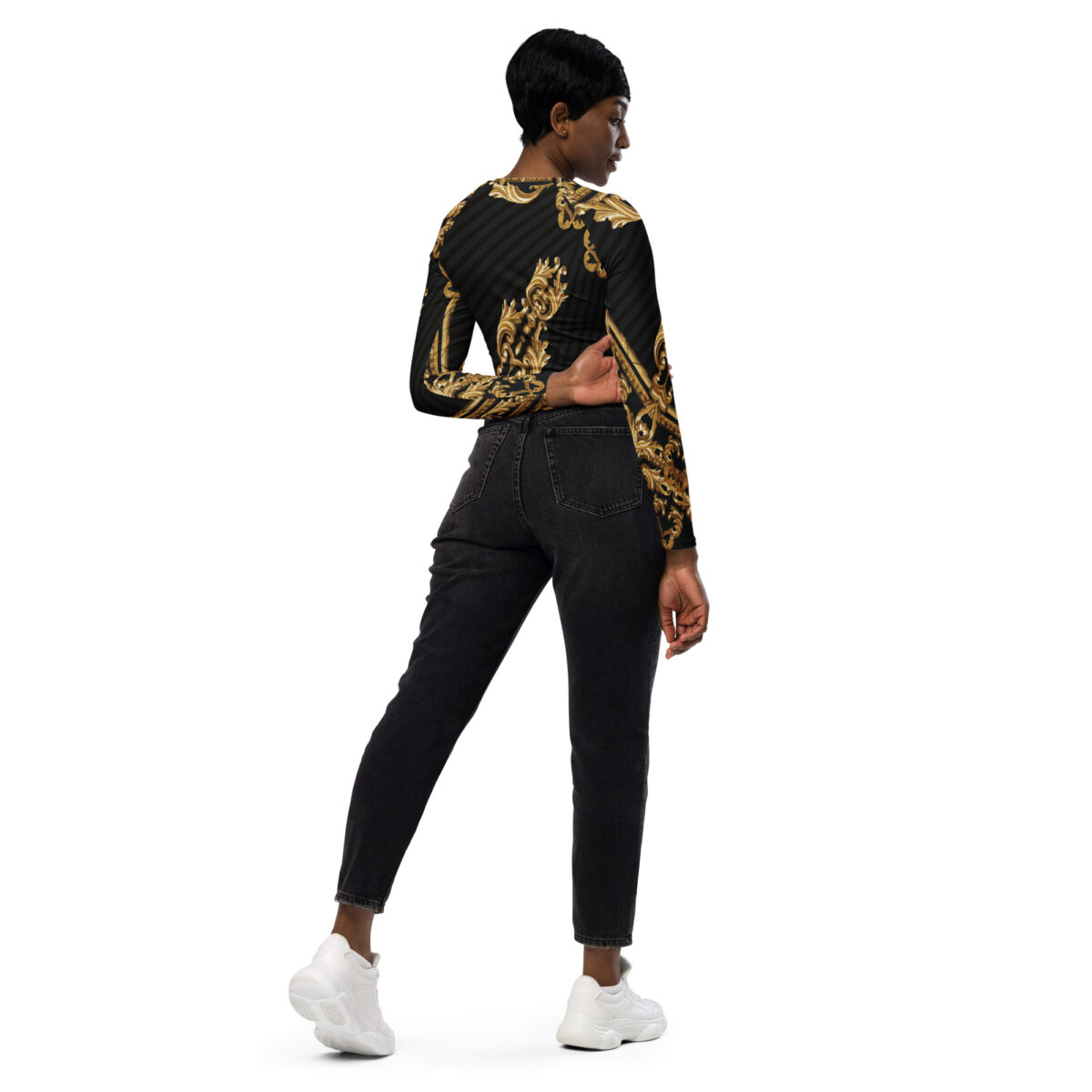 Long-Sleeve Crop Top For Women | Designer Workout Swimming Athletic Yoga Shirt | Black Baroque Gold - Image 9