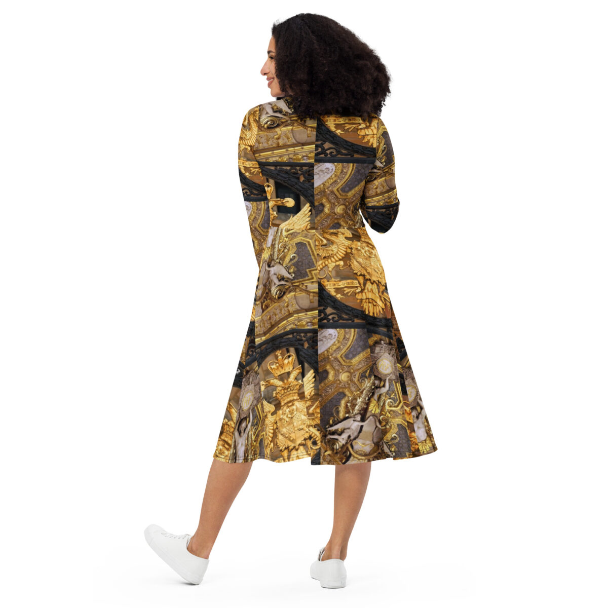 Gold Designer Wedding Guest Midi Dress - Image 4
