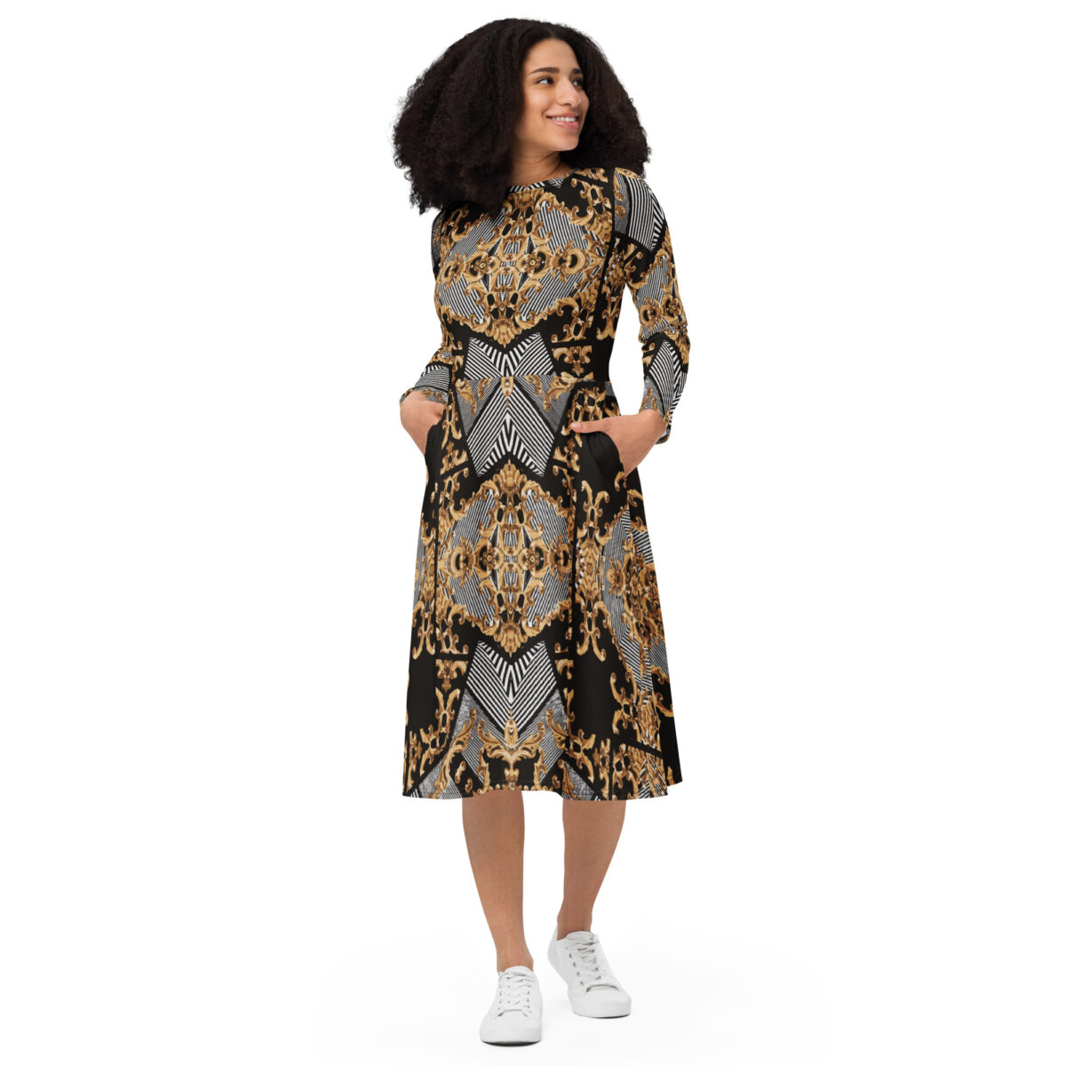 Black Grey Gold Midi Dress - Image 2