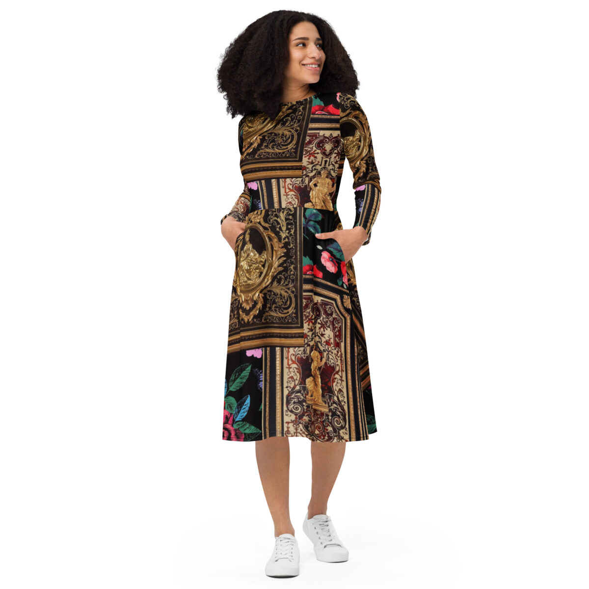 Baroque Gold Floral Designer Midi Dress - Image 2