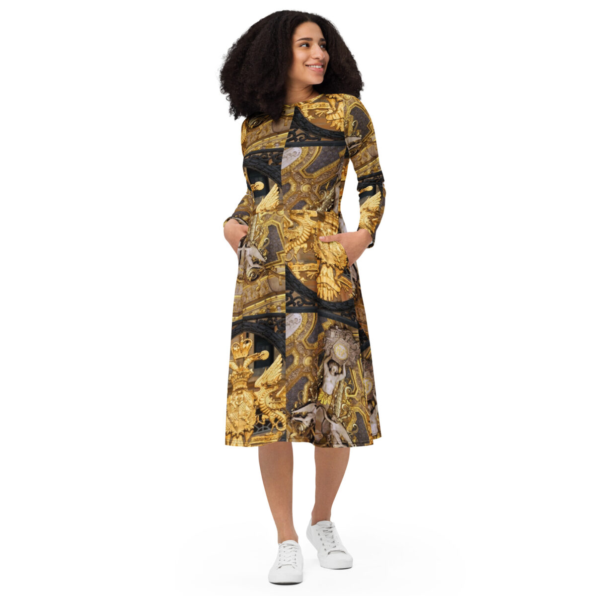 Gold Designer Wedding Guest Midi Dress - Image 3
