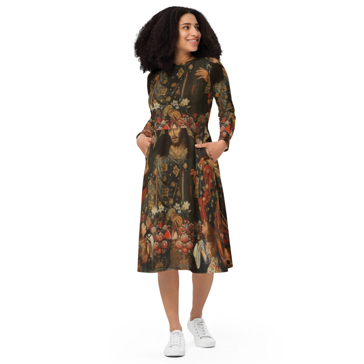 Renaissance Art Style Brown Midi Dress - Image 4
