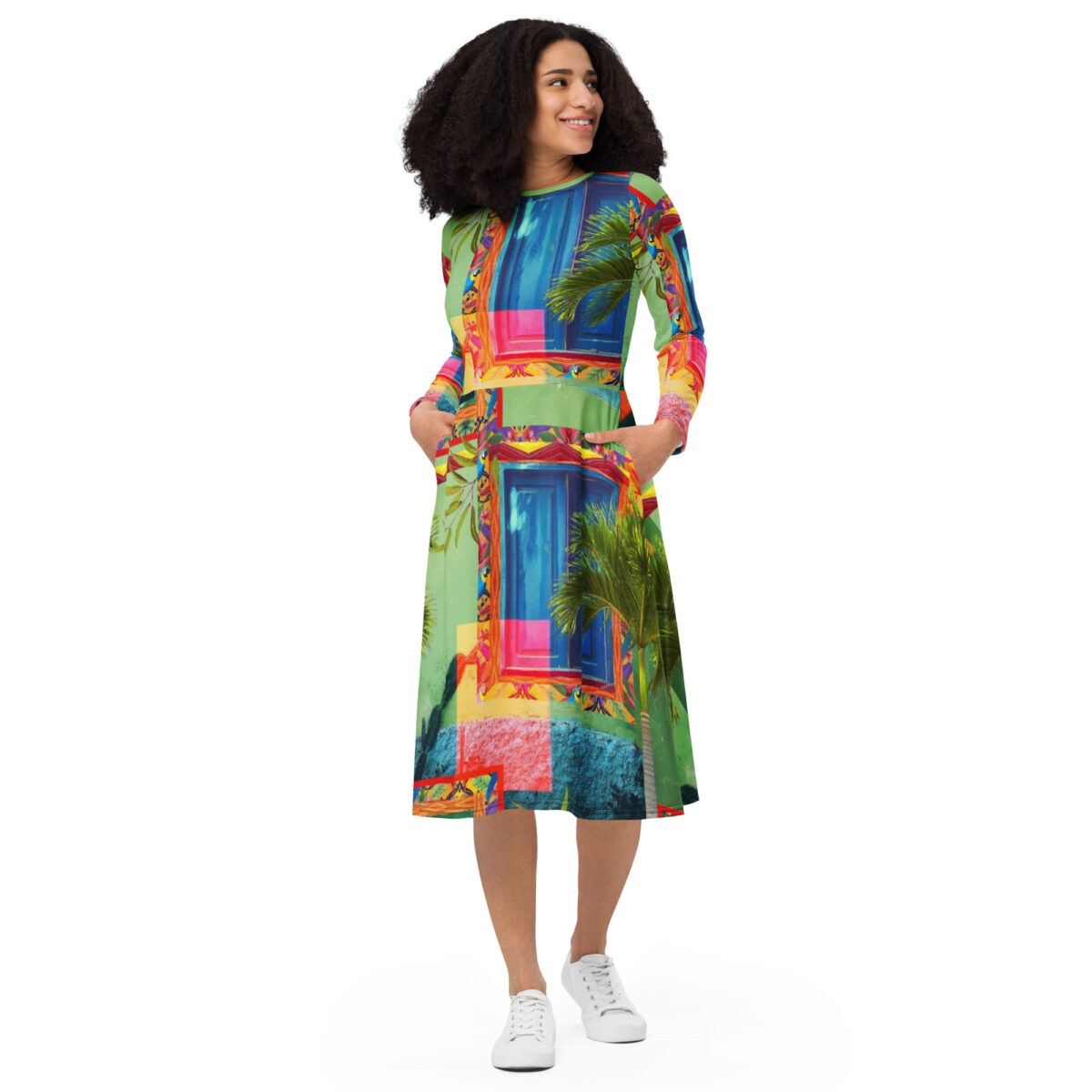 Green Blue Pink Colorful Midi Dress - Image 3