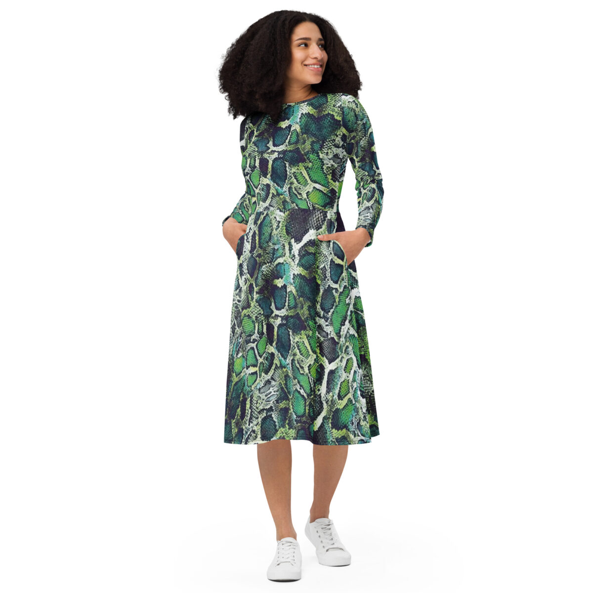 Green Snake Skin Animal Print Midi Dress - Image 3