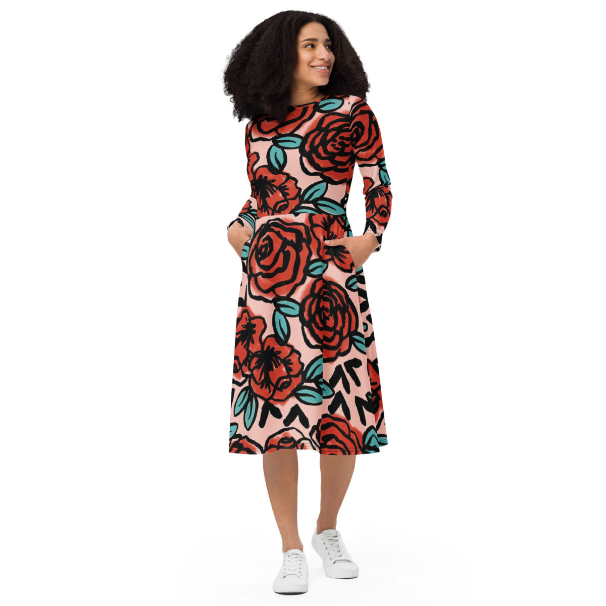 Pink Red Floral Midi Dress - Image 3