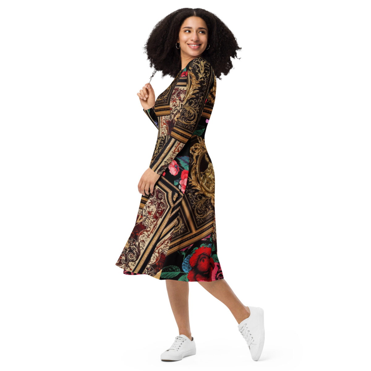 Baroque Gold Floral Designer Midi Dress - Image 5