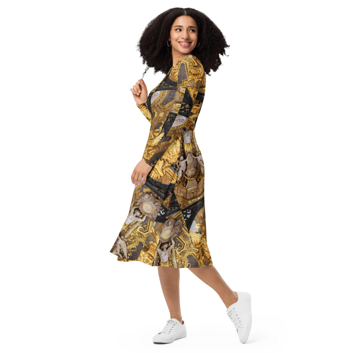 Gold Designer Wedding Guest Midi Dress - Image 5