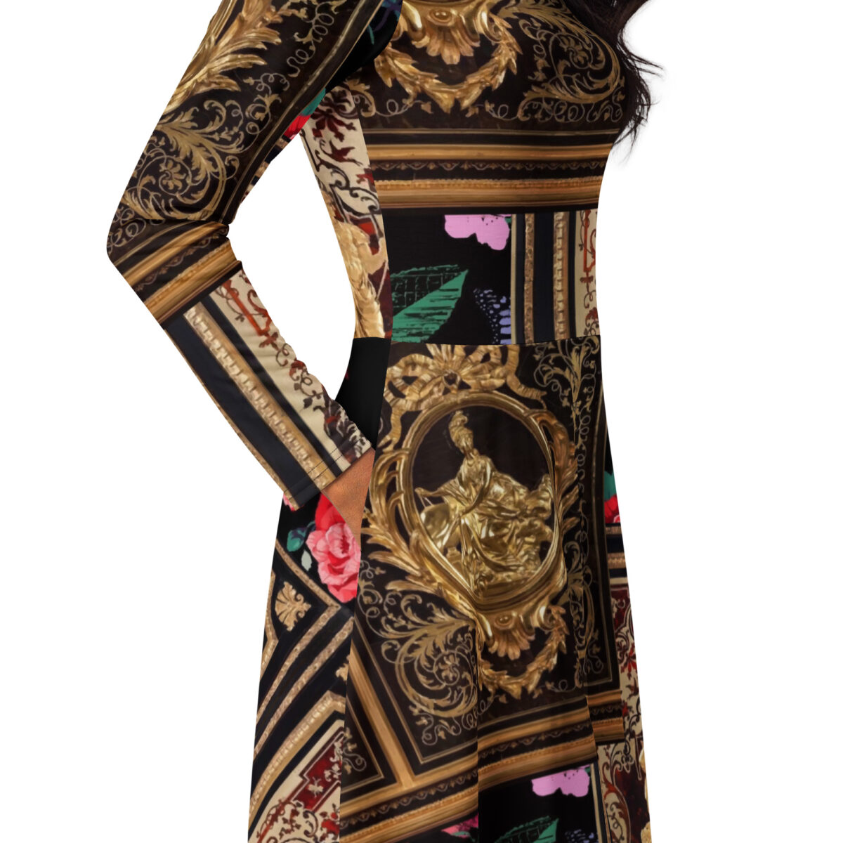 Baroque Gold Floral Designer Midi Dress - Image 3