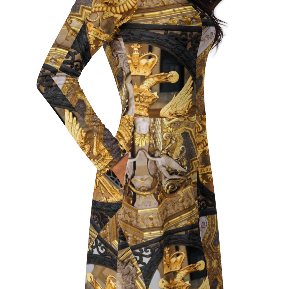 Gold Designer Wedding Guest Midi Dress - Image 2