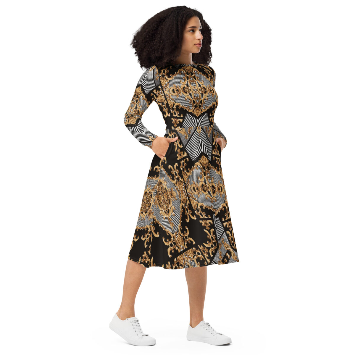 Black Grey Gold Midi Dress
