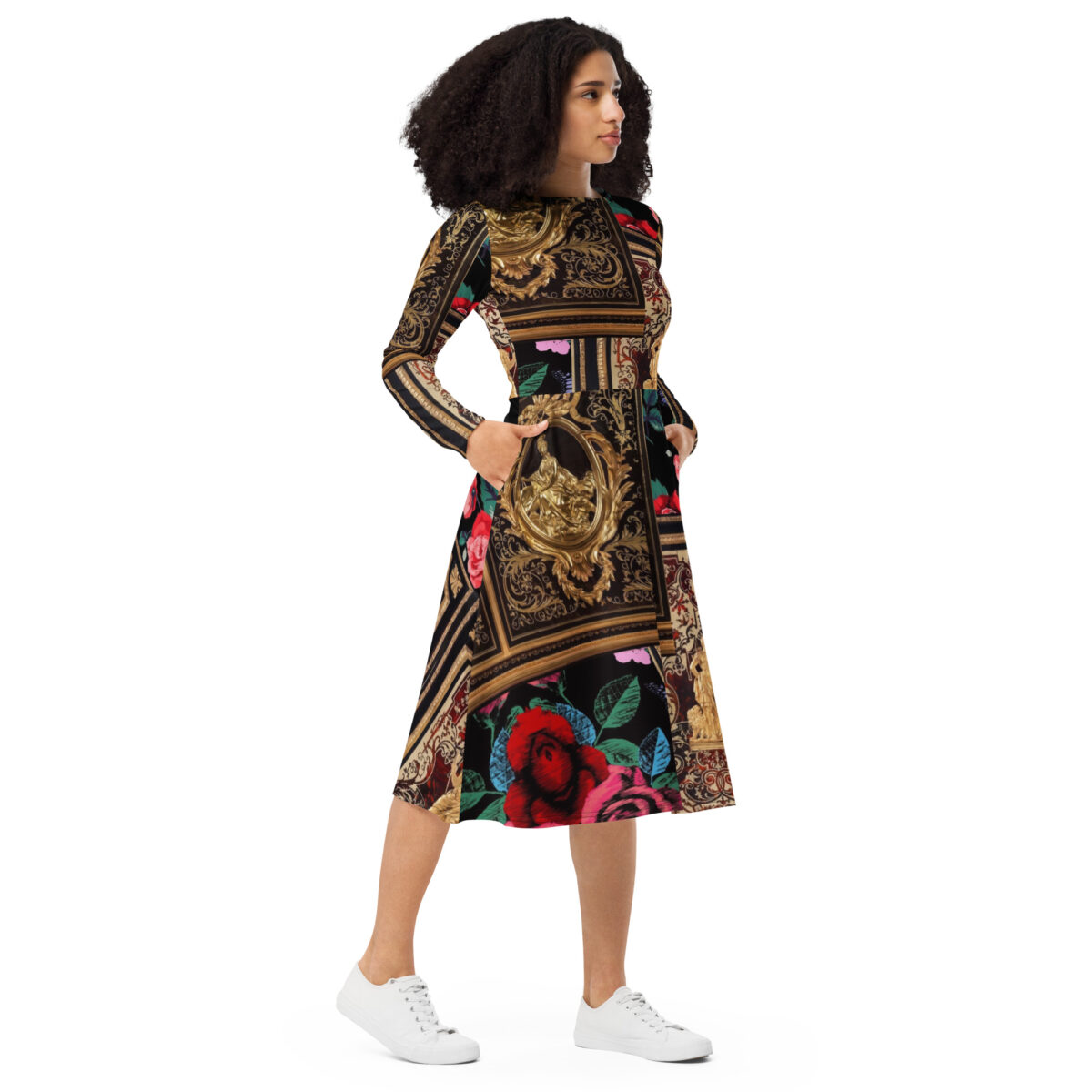 Baroque Gold Floral Designer Midi Dress