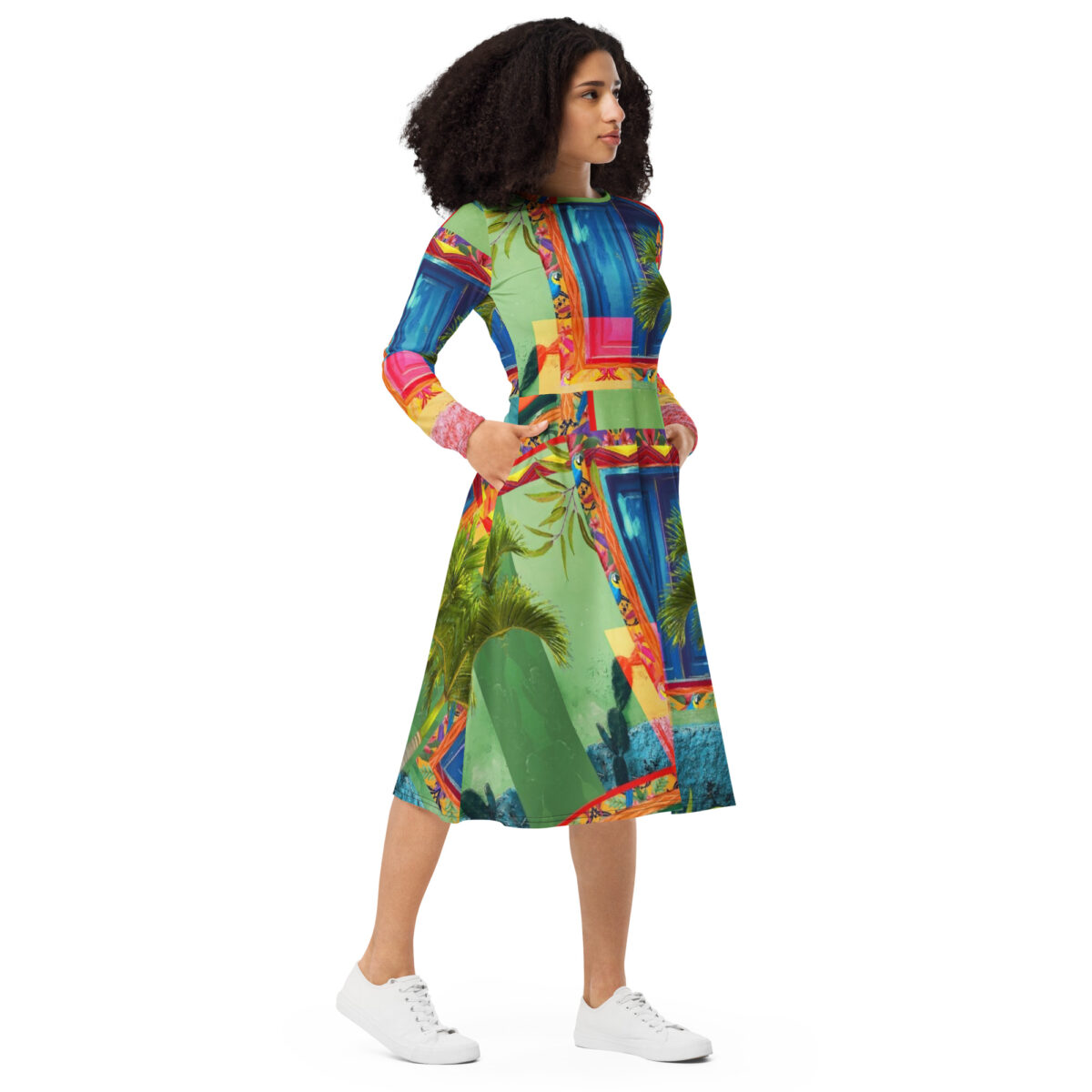 Green Blue Pink Colorful Midi Dress