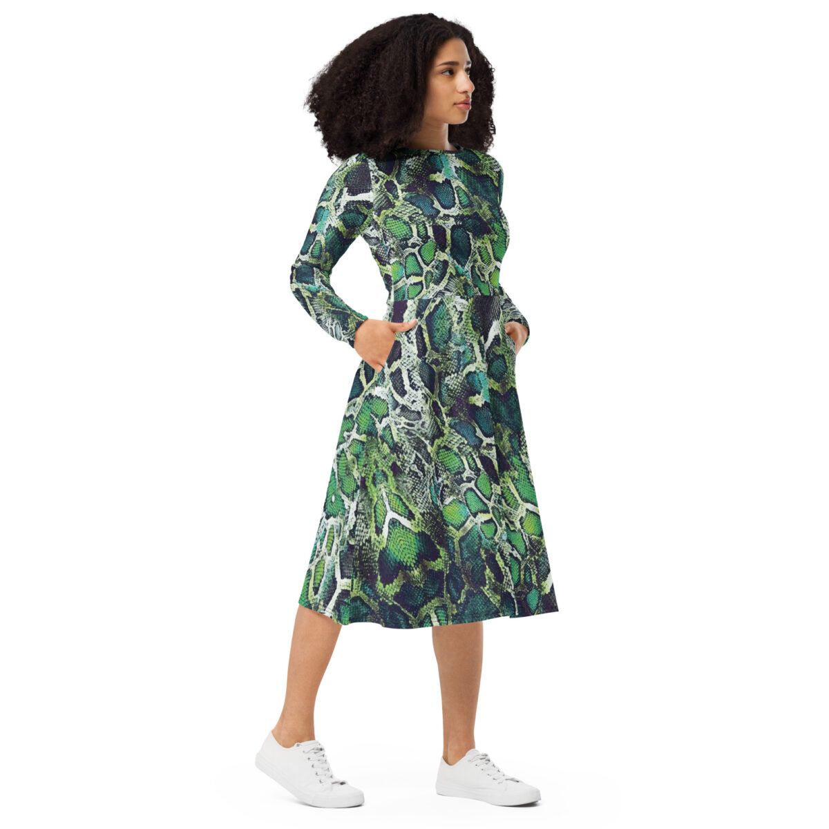 Green Snake Skin Animal Print Midi Dress