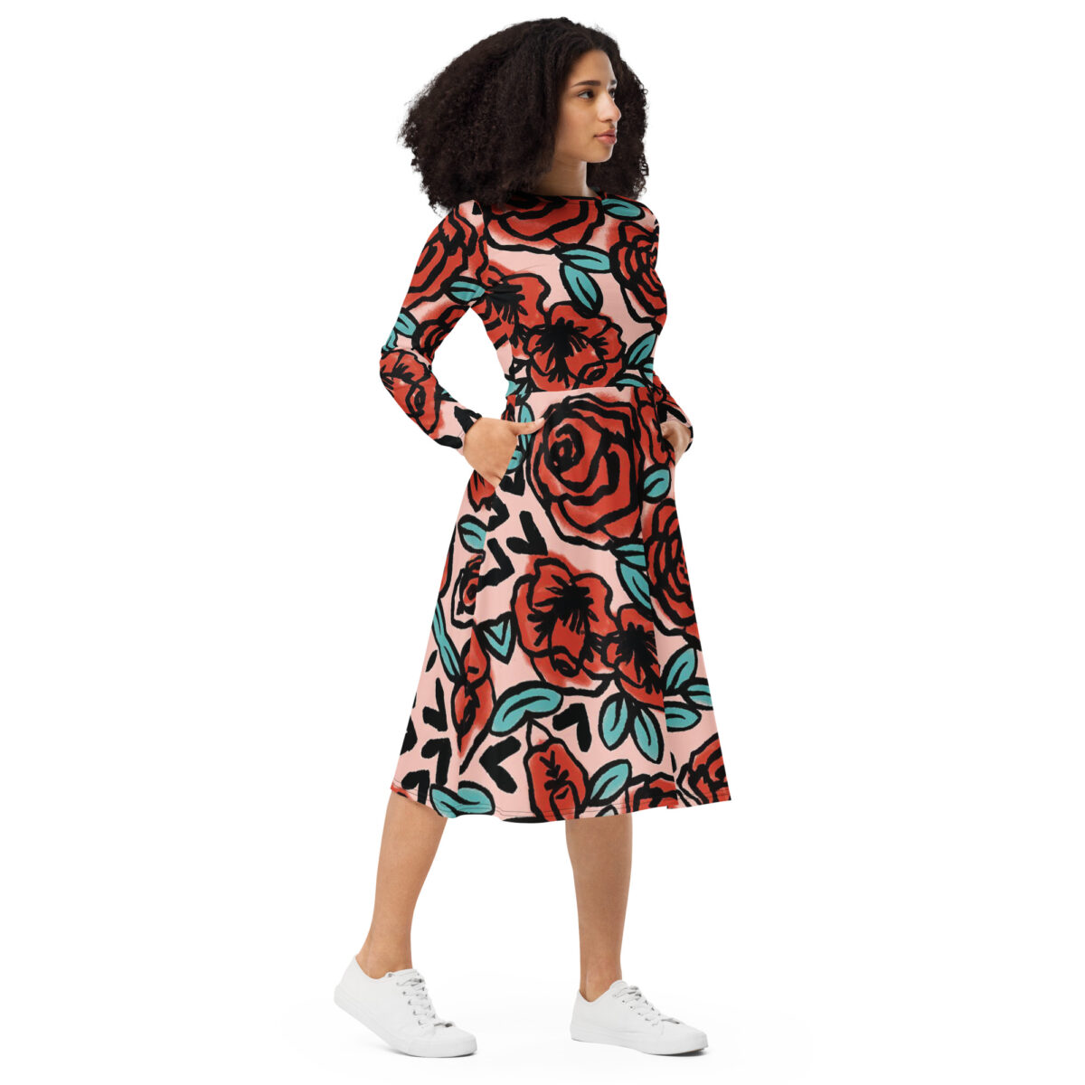 Pink Red Floral Midi Dress