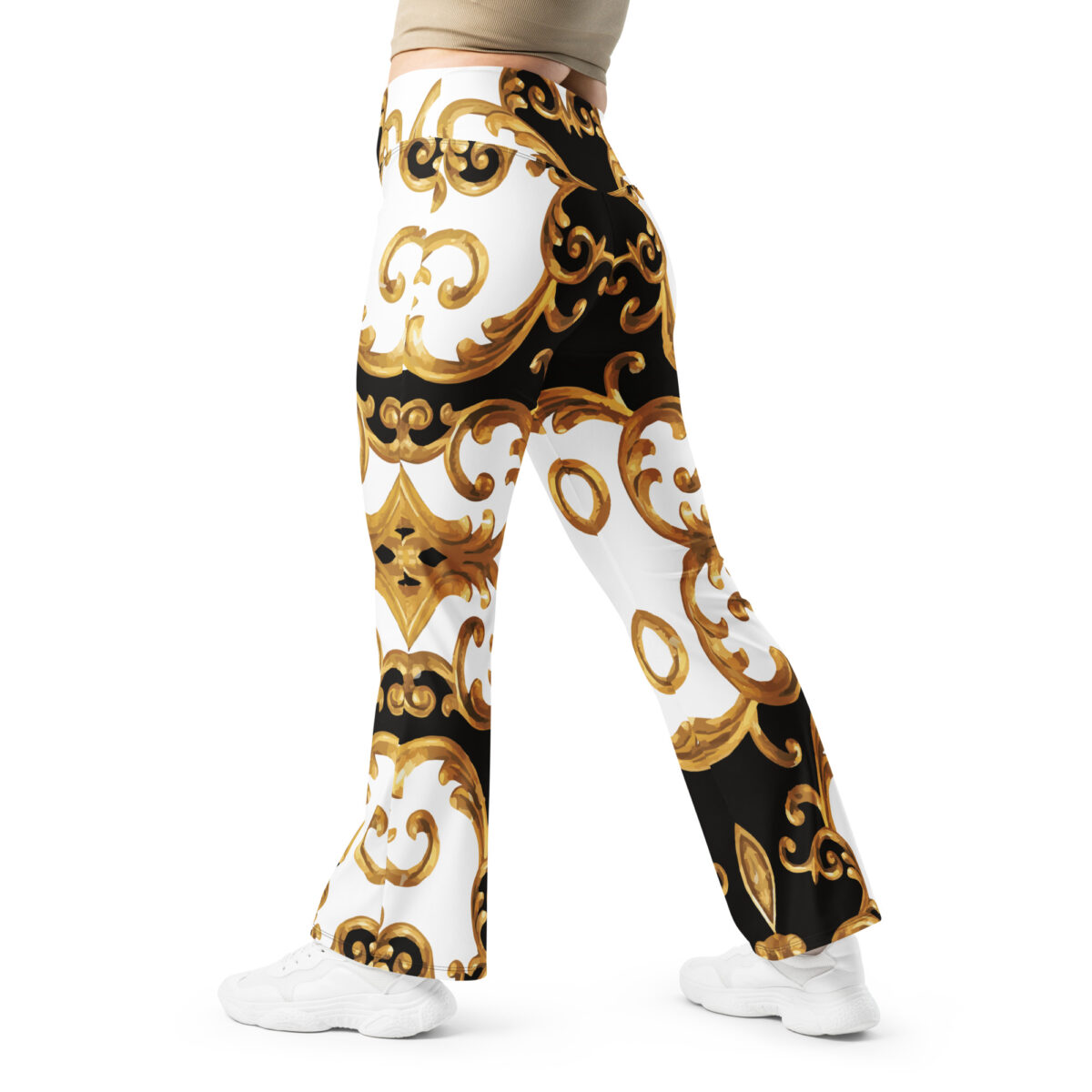Designer Flare Leggings Black Gold White - Image 5