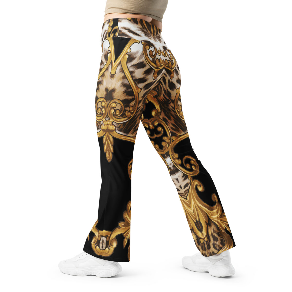 Flared Leggings Black Gold Leopard Animal Print - Image 4
