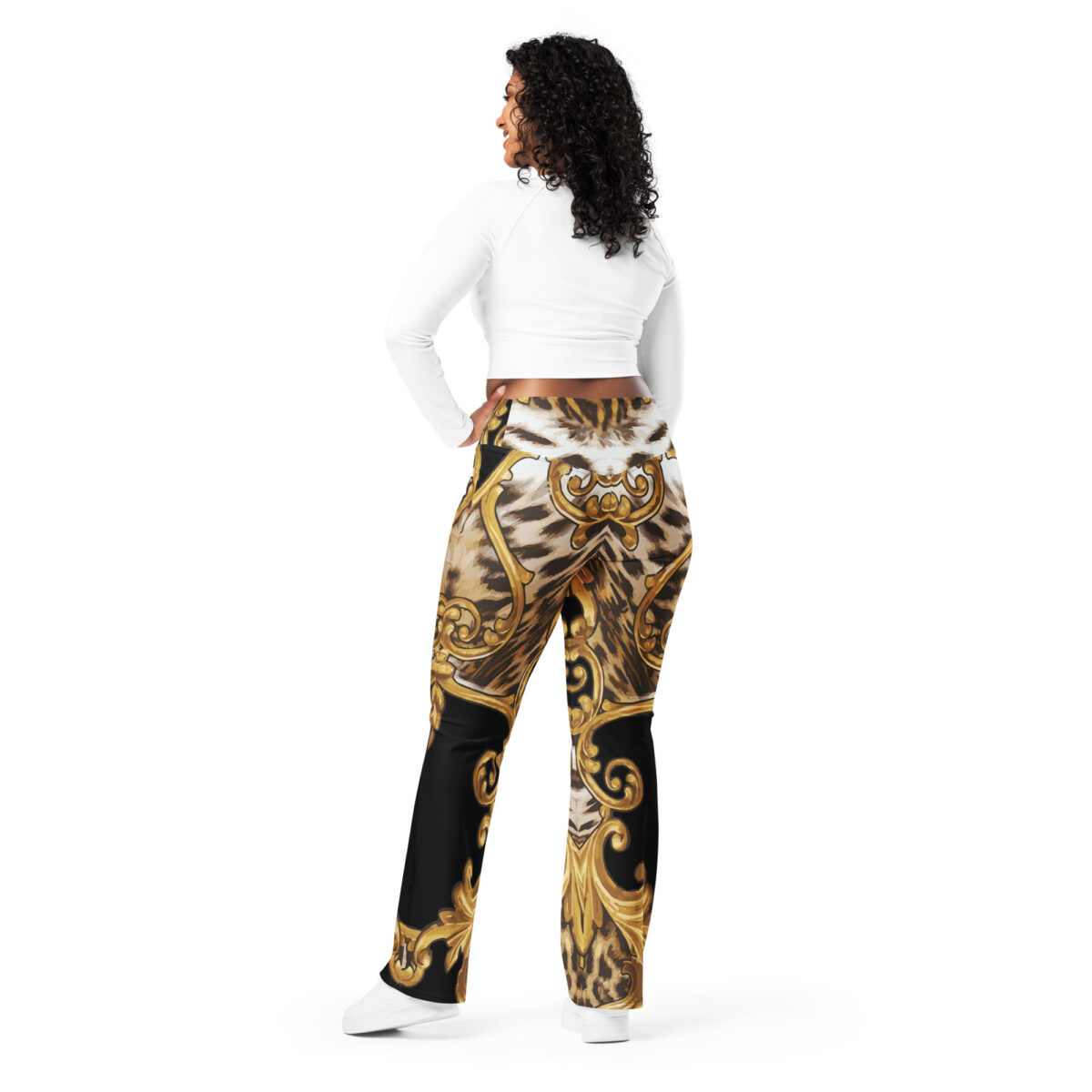Flared Leggings Black Gold Leopard Animal Print - Image 5