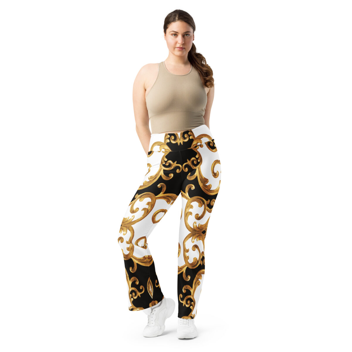 Designer Flare Leggings Black Gold White - Image 2