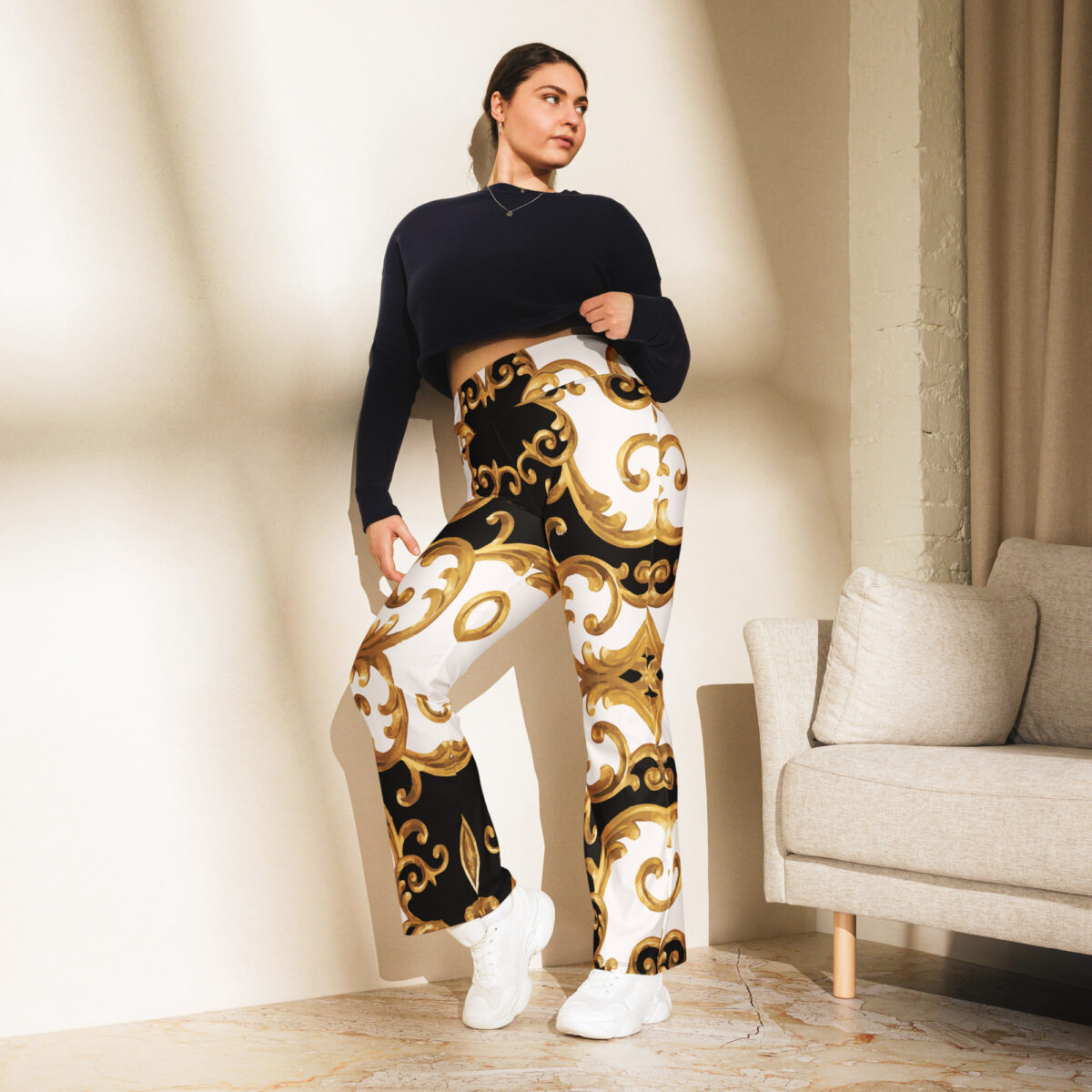 Designer Flare Leggings Black Gold White - Image 3