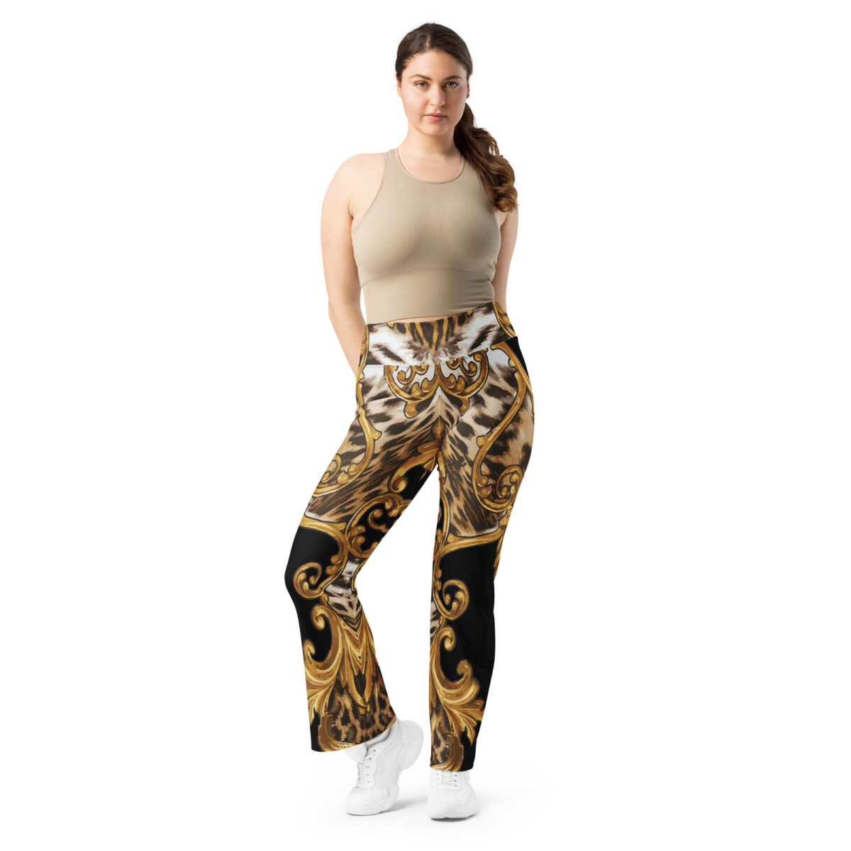 Flared Leggings Black Gold Leopard Animal Print - Image 2