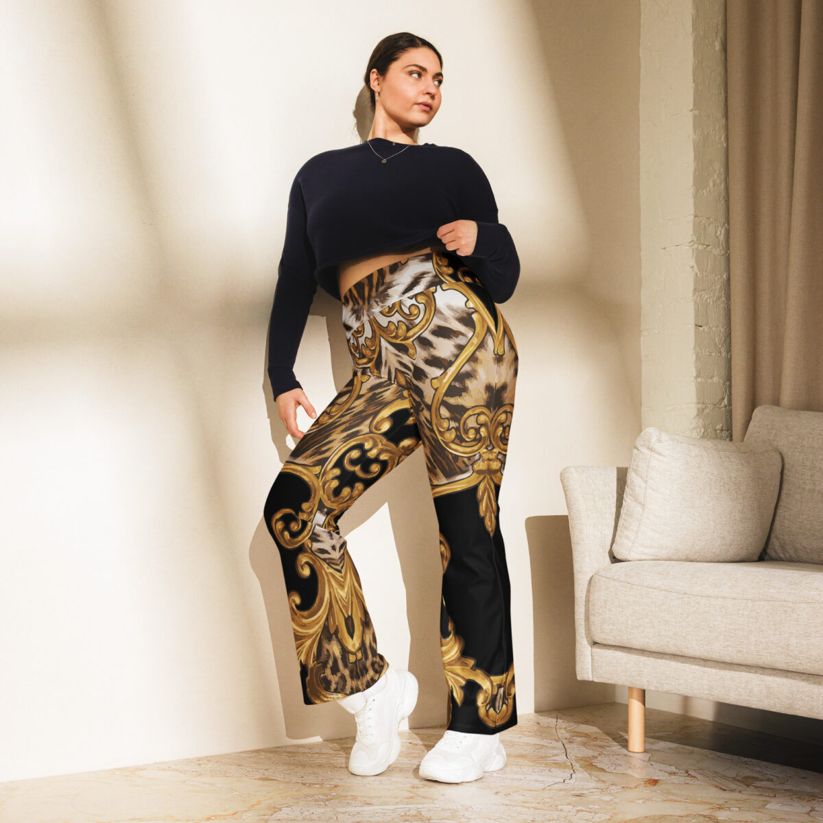 Flared Leggings Black Gold Leopard Animal Print - Image 3