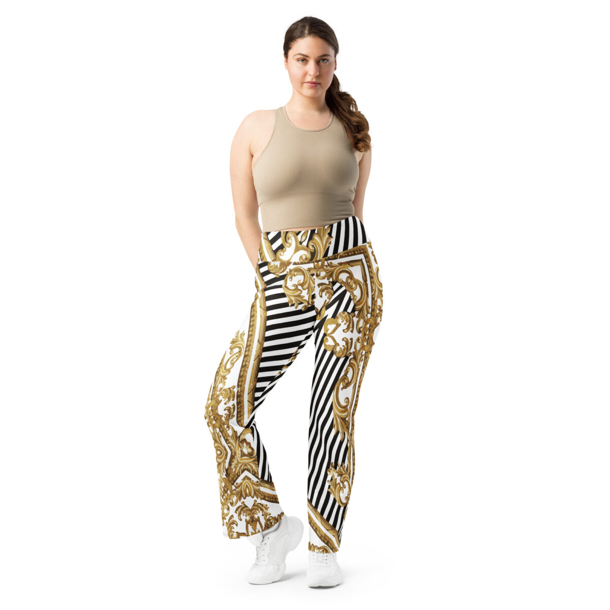 Flared Leggings White Striped Baroque Gold - Image 3