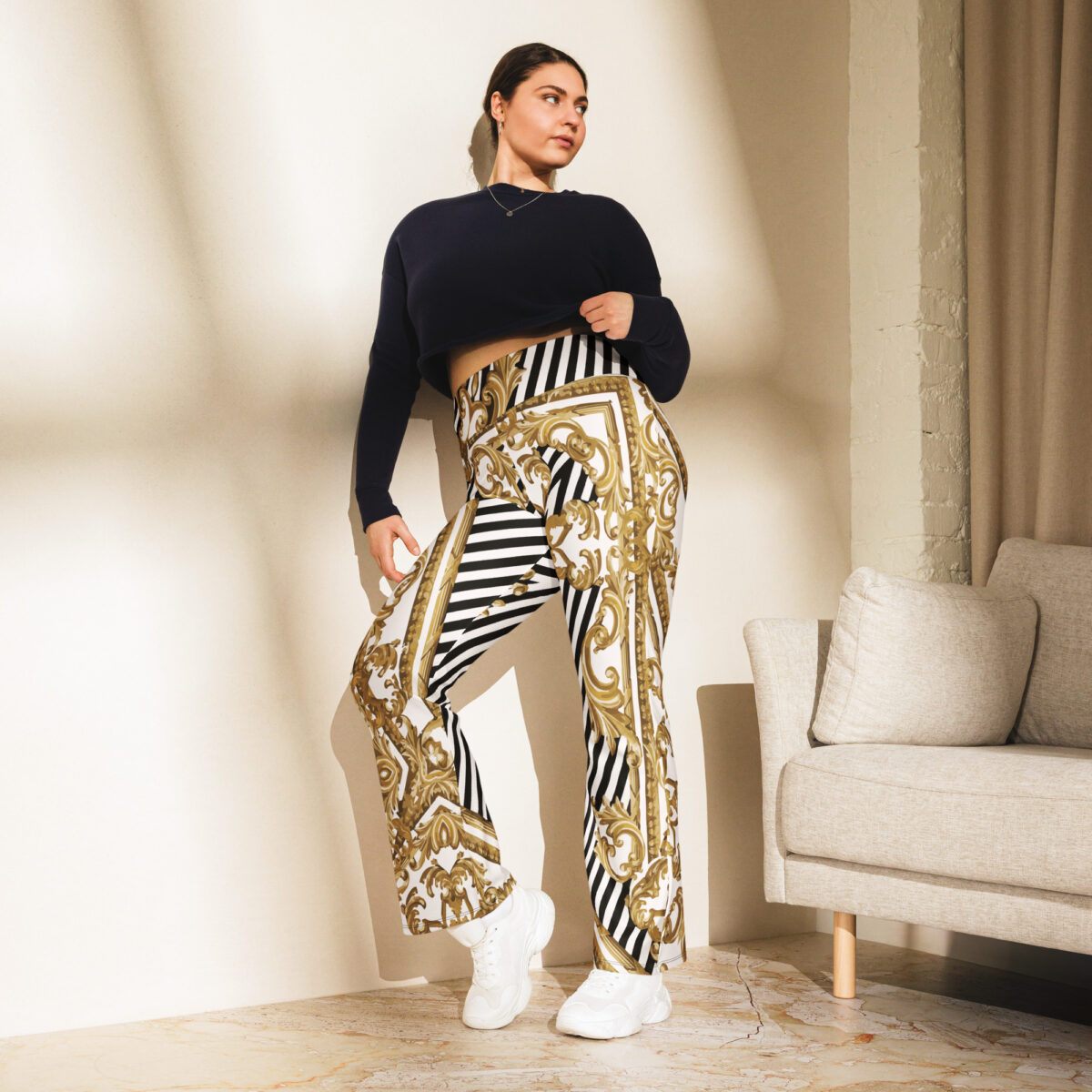 Flared Leggings White Striped Baroque Gold - Image 4