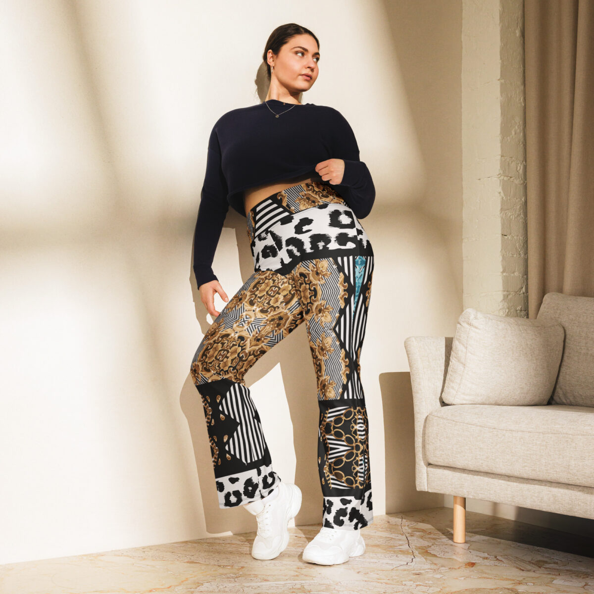 Flare Leggings Tribal Black White Gold - Image 4