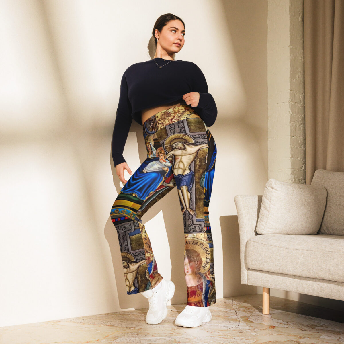 High Waist Flare Leggings Printed Grey Gold Blue - Image 3