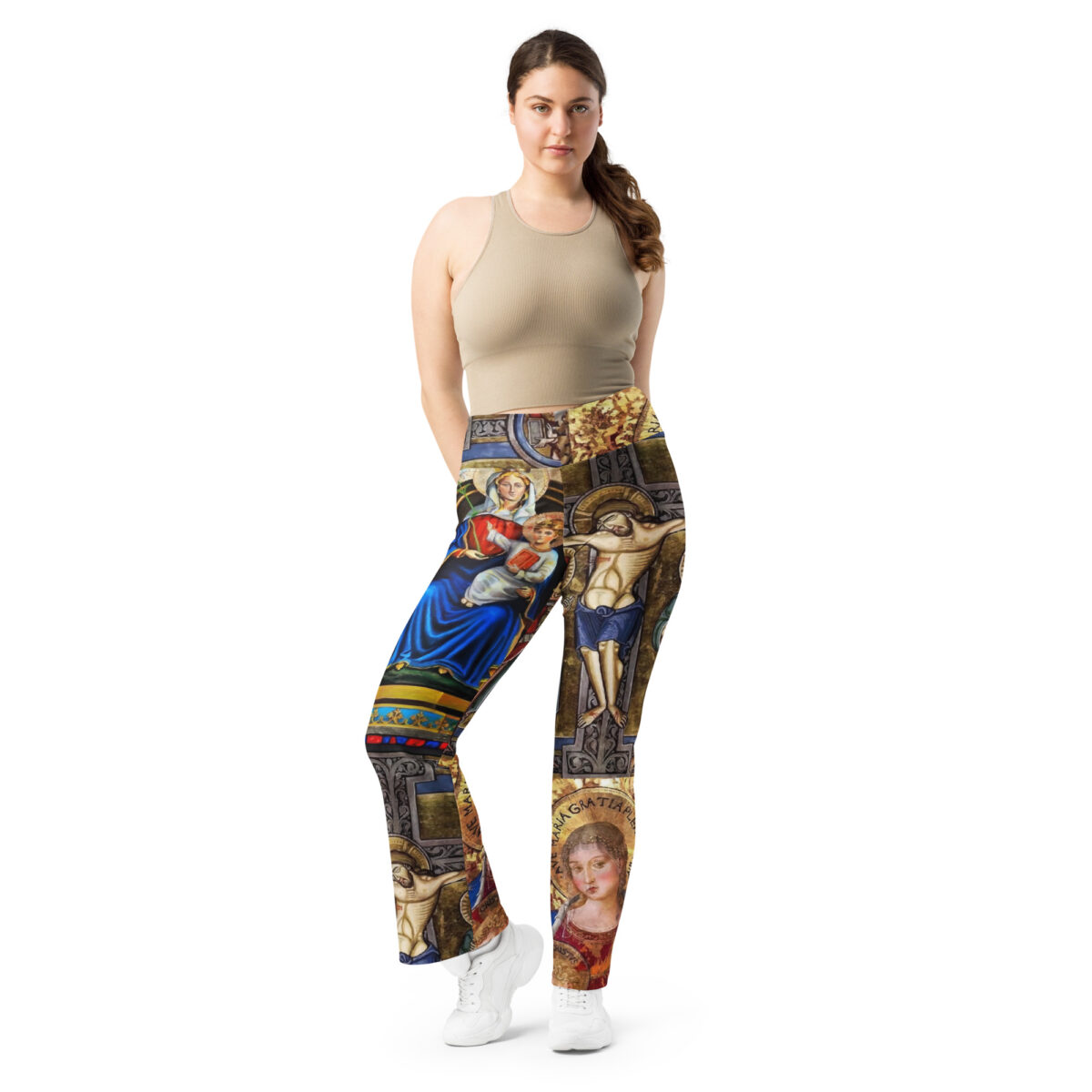 High Waist Flare Leggings Printed Grey Gold Blue - Image 4