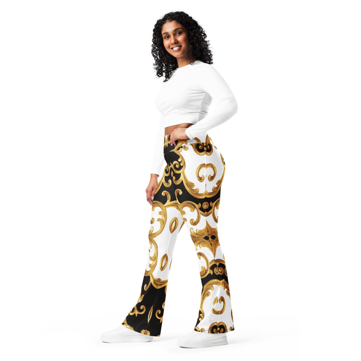 Designer Flare Leggings Black Gold White - Image 8