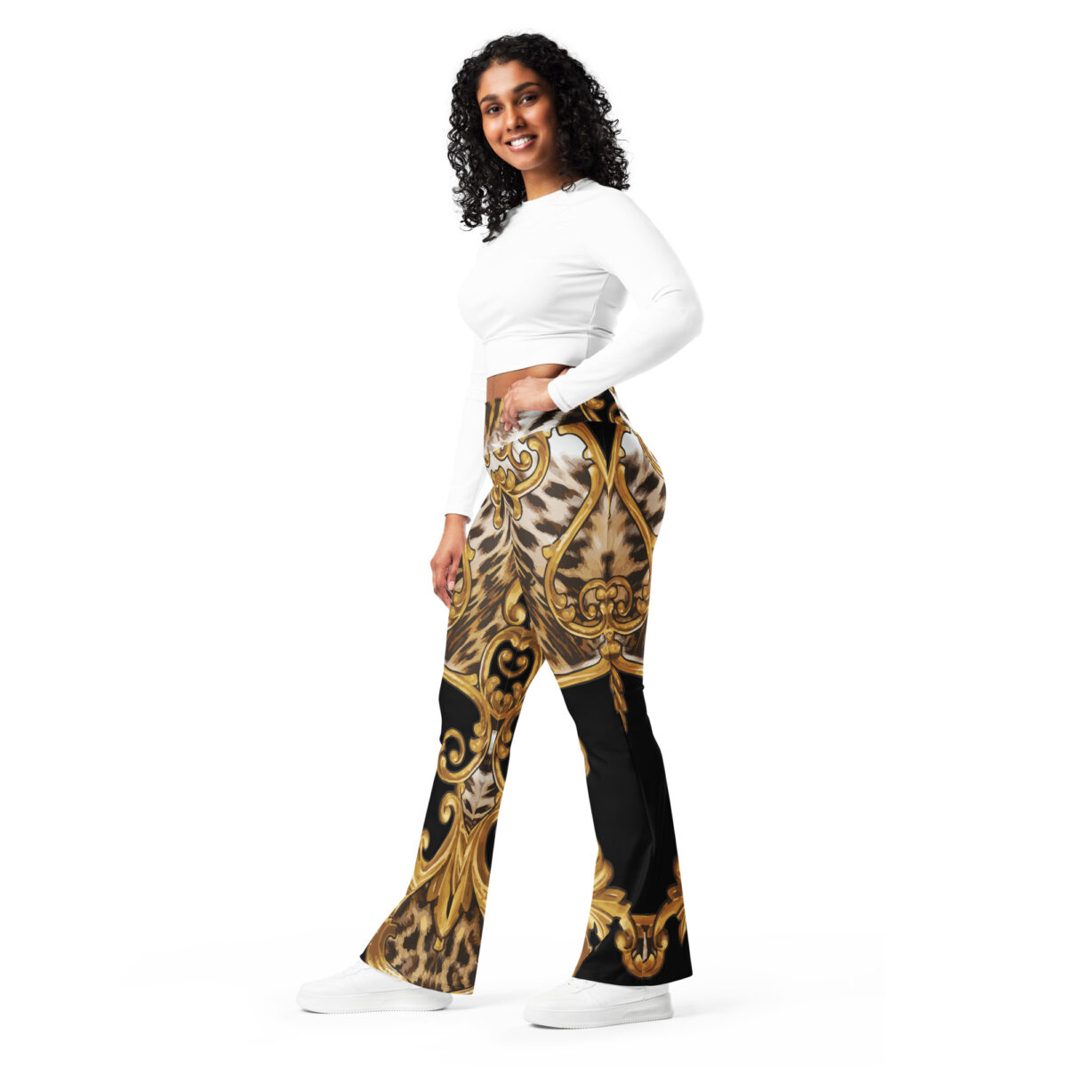 Flared Leggings Black Gold Leopard Animal Print - Image 7