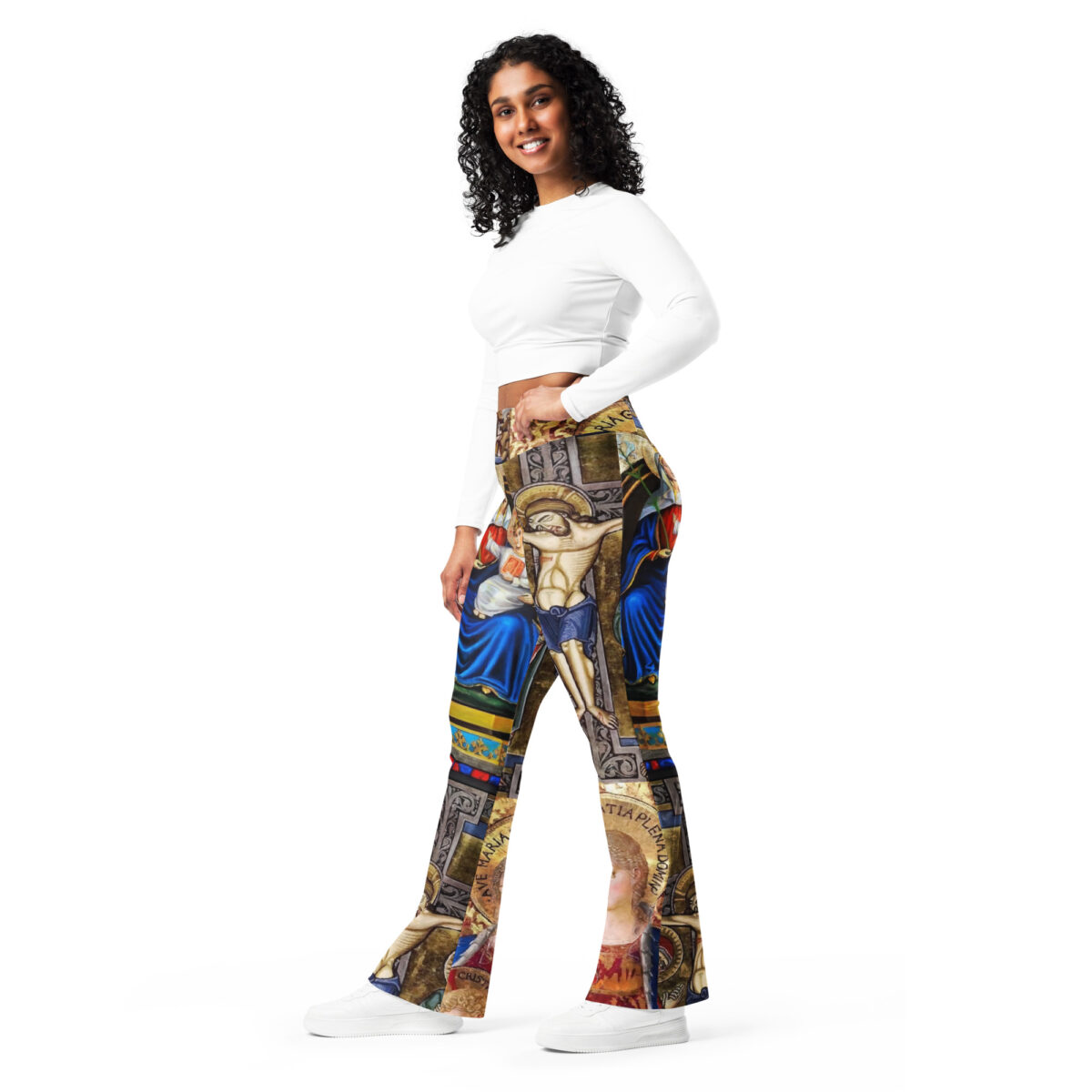 High Waist Flare Leggings Printed Grey Gold Blue - Image 7