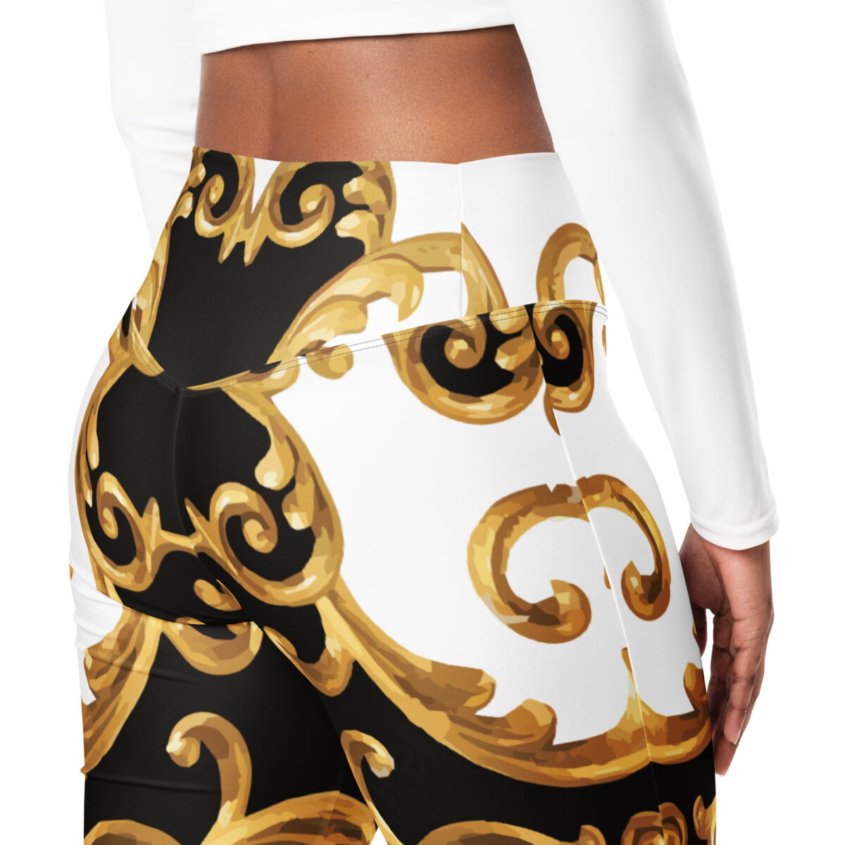 Designer Flare Leggings Black Gold White - Image 9