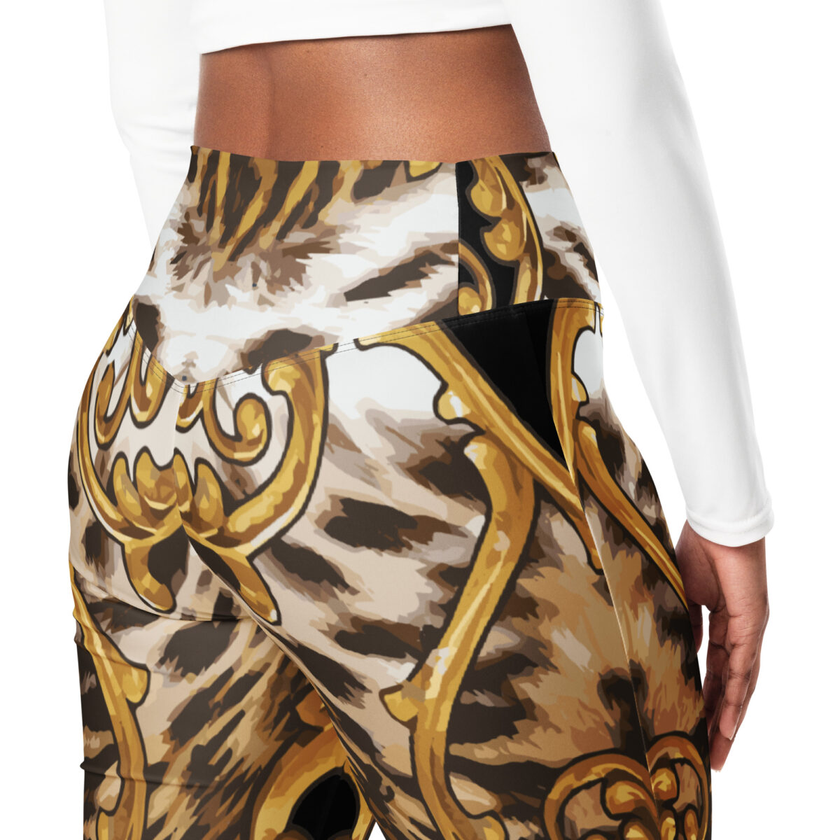 Flared Leggings Black Gold Leopard Animal Print - Image 8