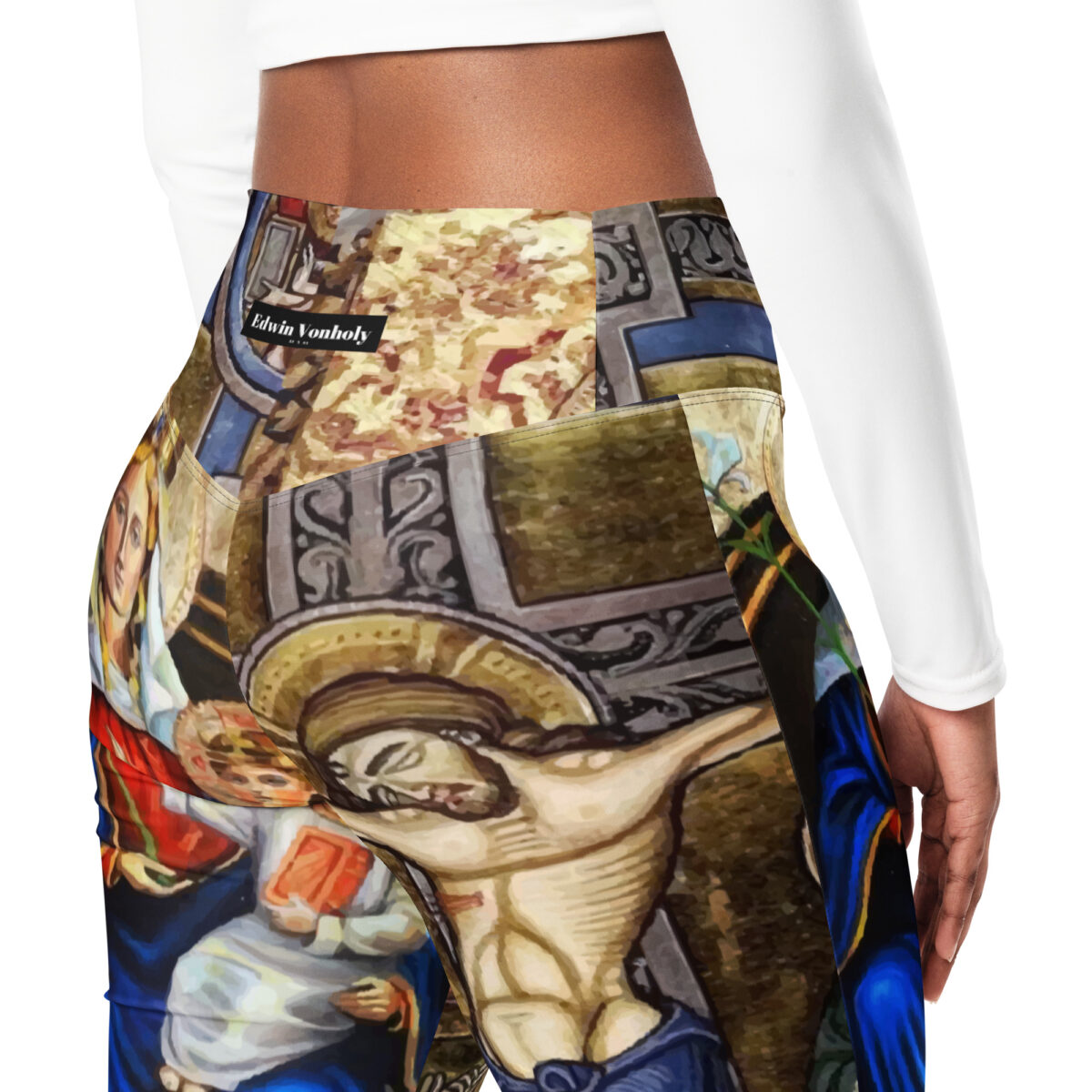 High Waist Flare Leggings Printed Grey Gold Blue - Image 8